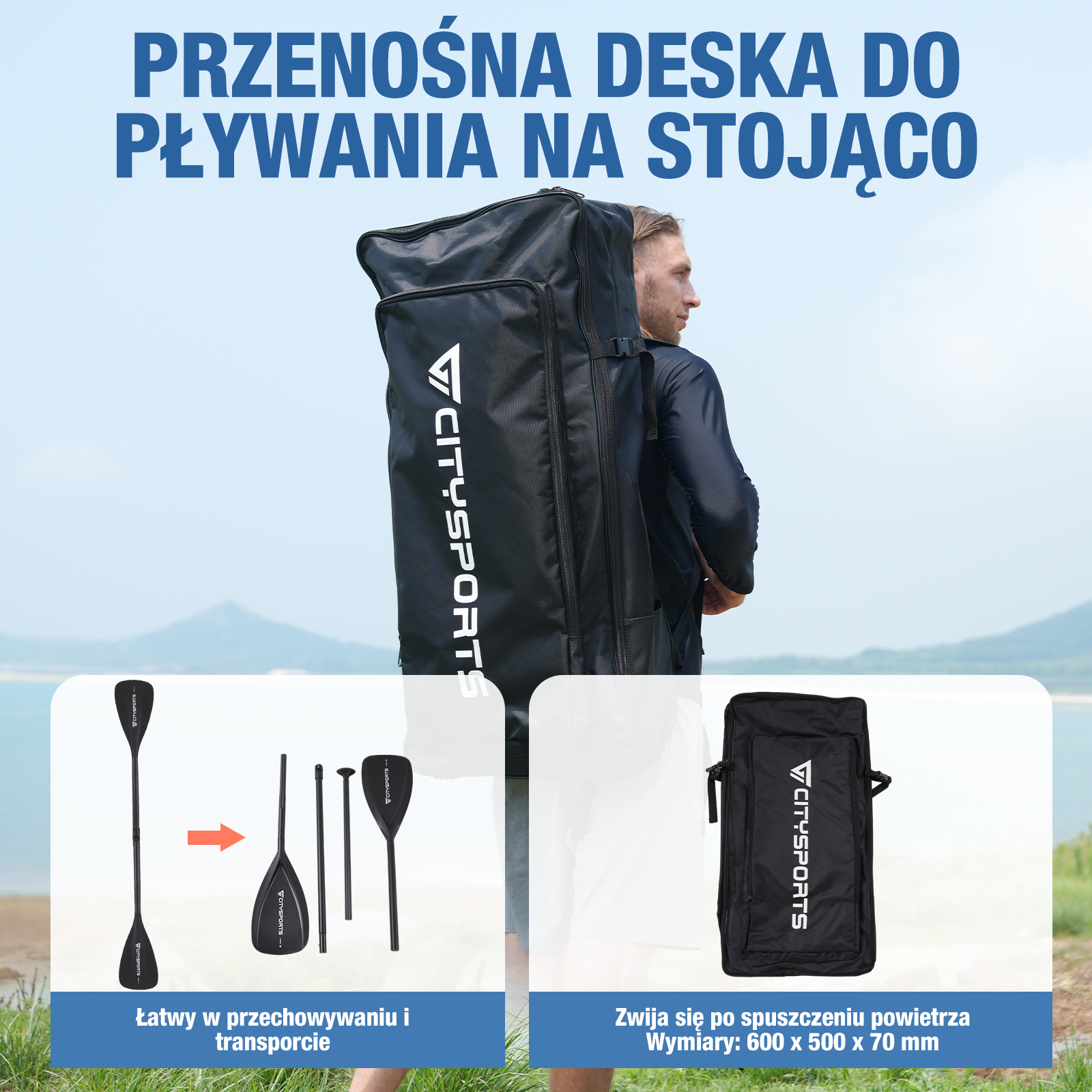Mężczyzna niosący deskę SUP w torbie. Obraz pokazuje również widok rozłożonego wiosła.