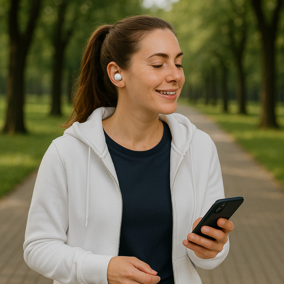 Een vrouw met witte oordopjes en een hoodie, wandelend en glimlachend. Ze houdt een zwarte telefoon vast.
