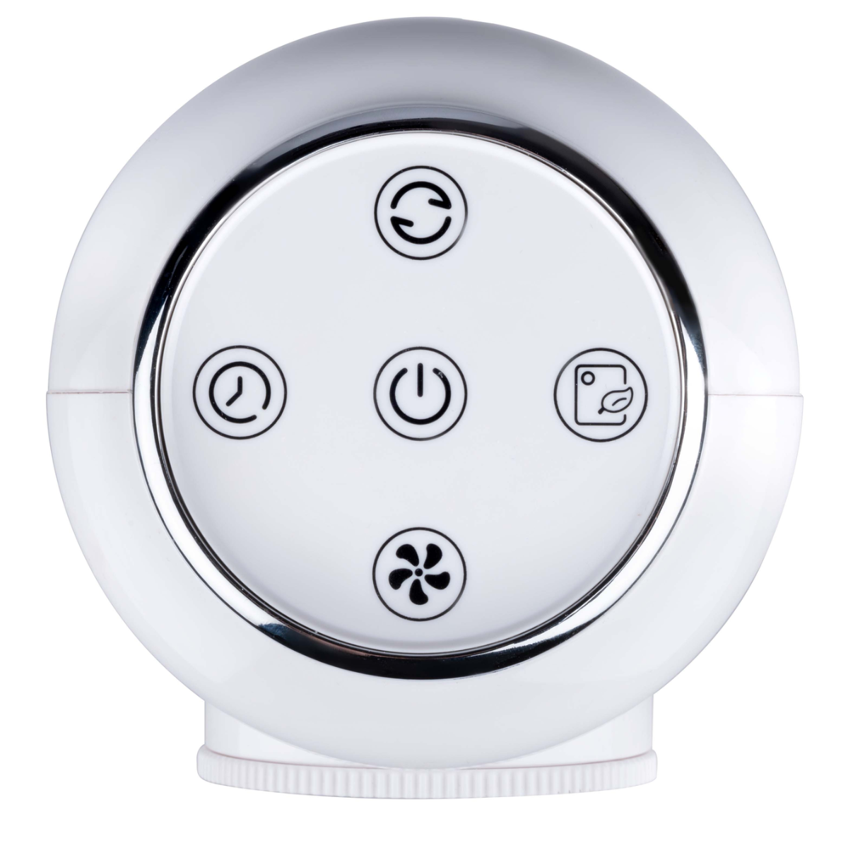Un appareil blanc avec quatre boutons. Les boutons ont des icônes pour l'alimentation, les réglages et la vitesse du ventilateur.