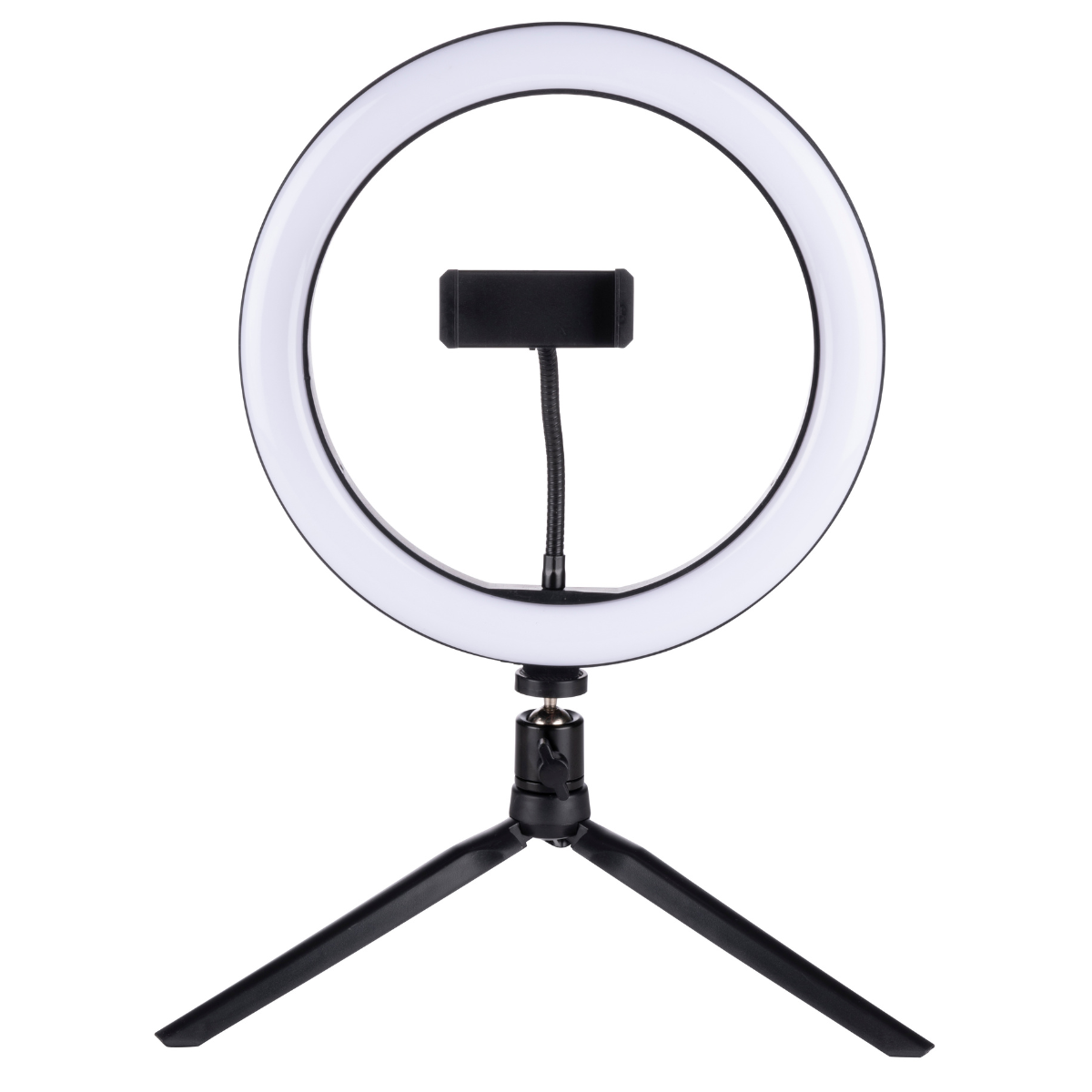 Een witte ringlamp op een zwart statief, met een telefoonhouder in het midden. Witte achtergrond.