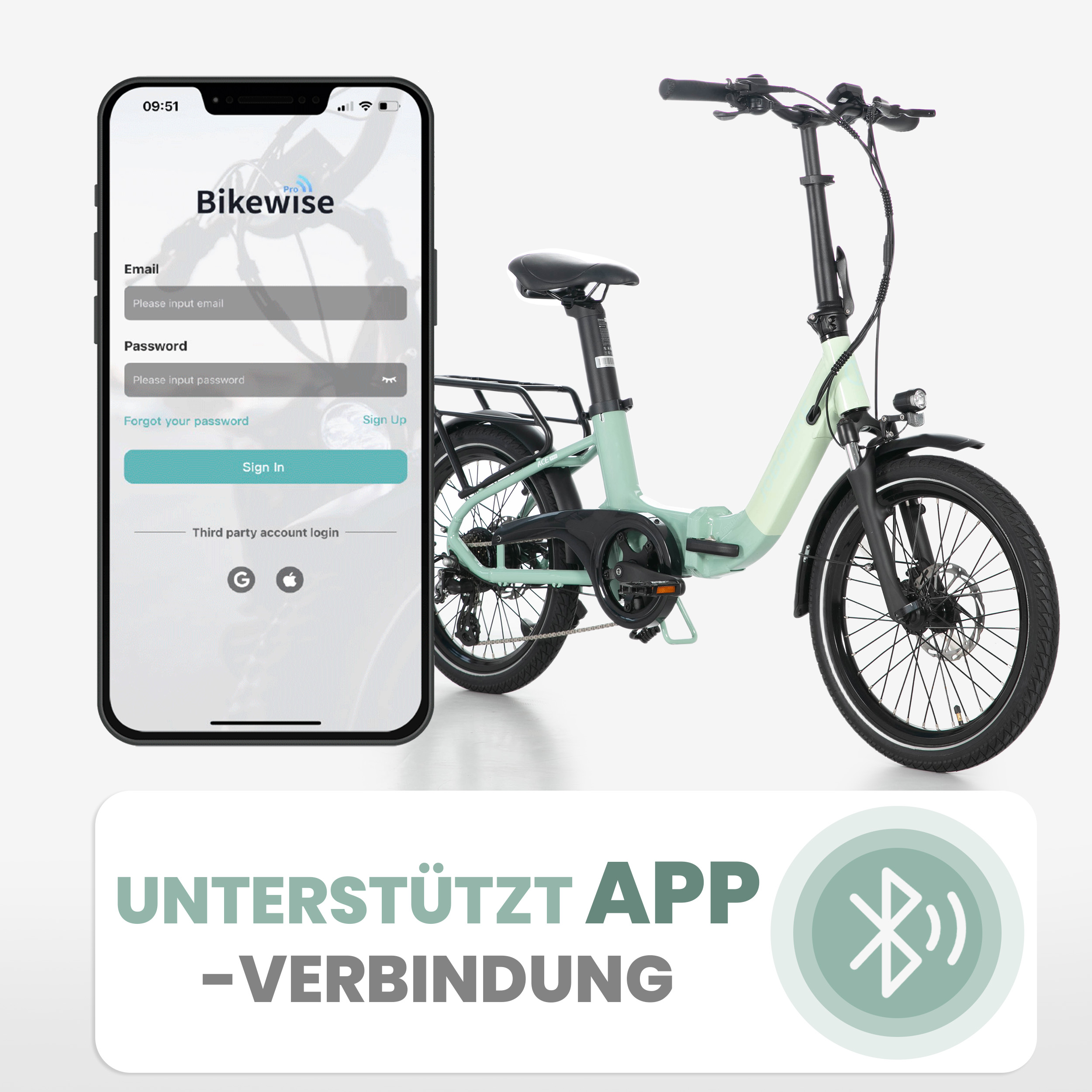 Ein E-Bike und ein Smartphone mit einem Anmeldebildschirm. Das Fahrrad ist mintgrün, das Telefon zeigt die Bikewise-App.