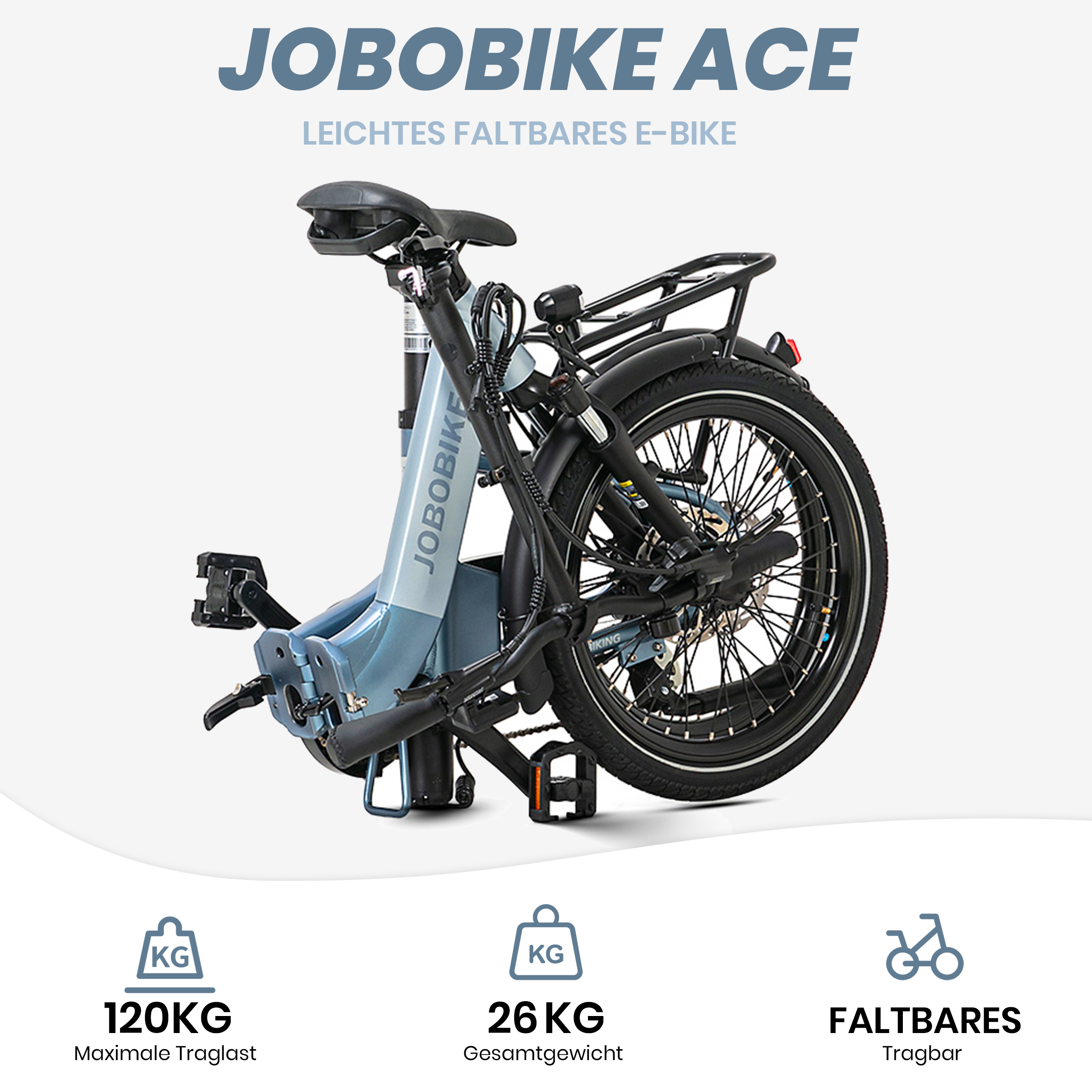 Ein gefaltetes blaues E-Bike mit Informationen. Das Fahrrad hat schwarze Reifen und einen Gepäckträger.