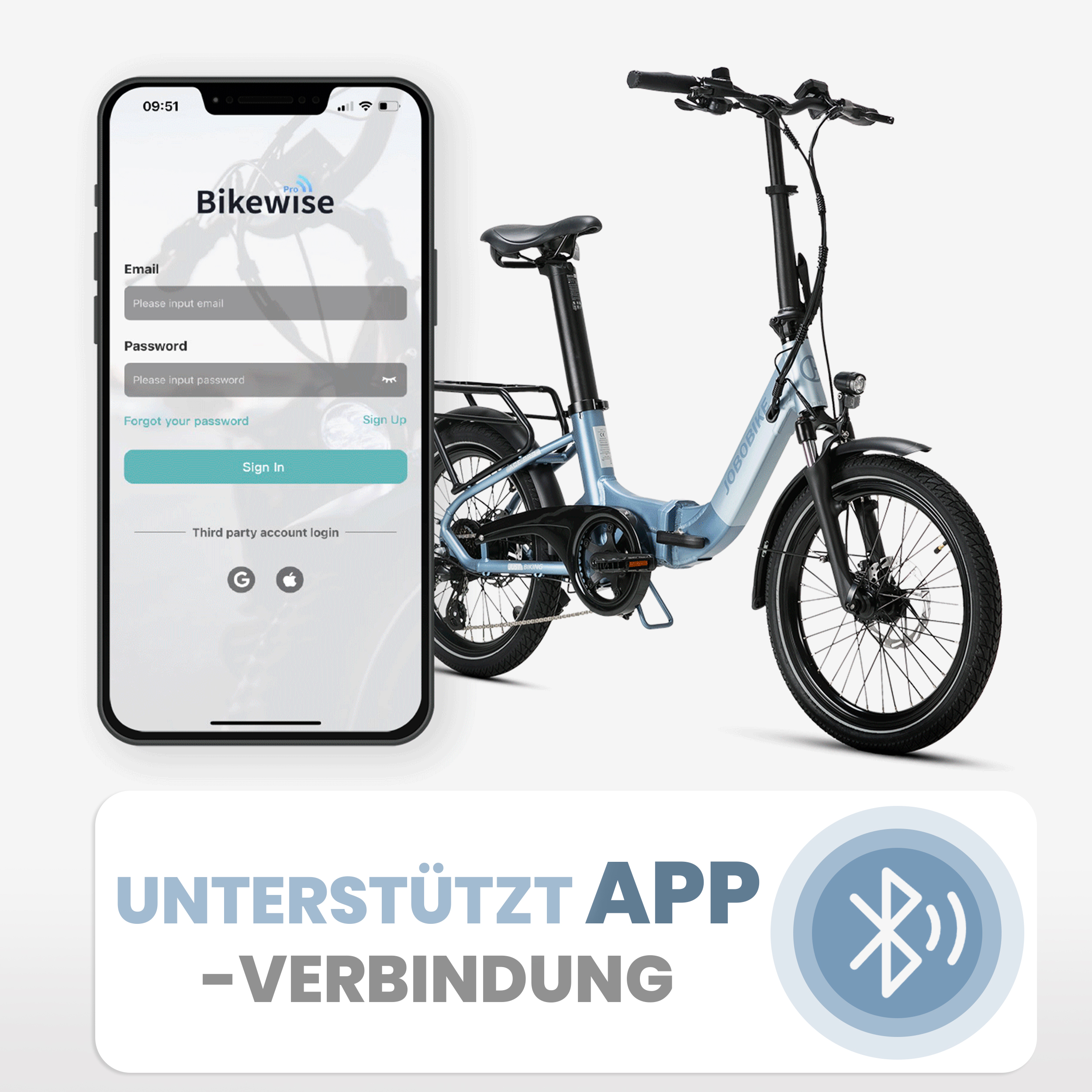 Ein Smartphone mit App-Oberfläche neben einem blauen E-Bike. Die App hat Login-Felder.