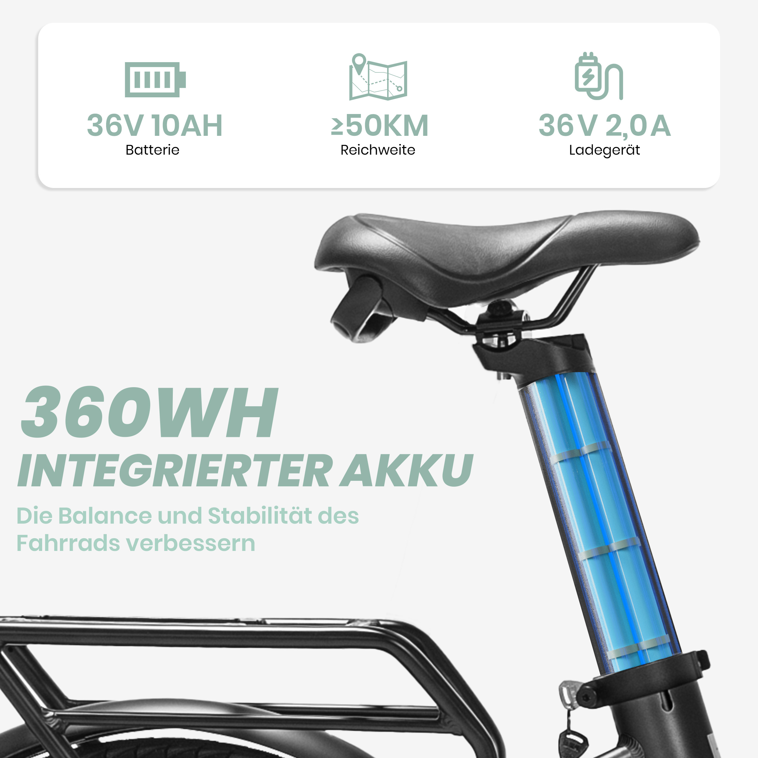 Nahaufnahme des E-Bike-Akkus und Sitzbereichs. Der Akku ist blau. Es gibt Text auf dem Bild.
