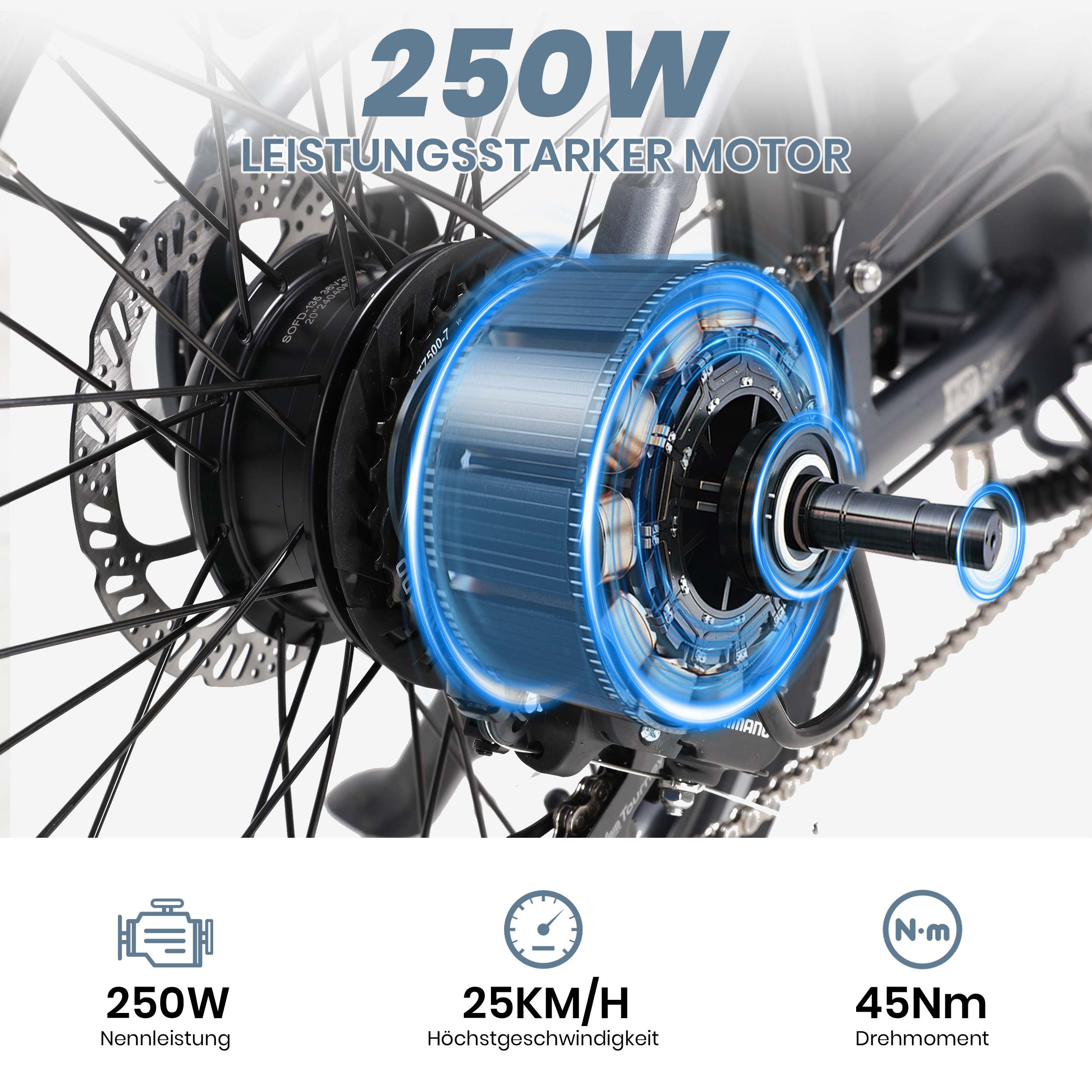 Nahaufnahme des E-Bike-Motors mit Text. Der Motor ist blau und trägt den Text 250W Leistungsstarker Motor.