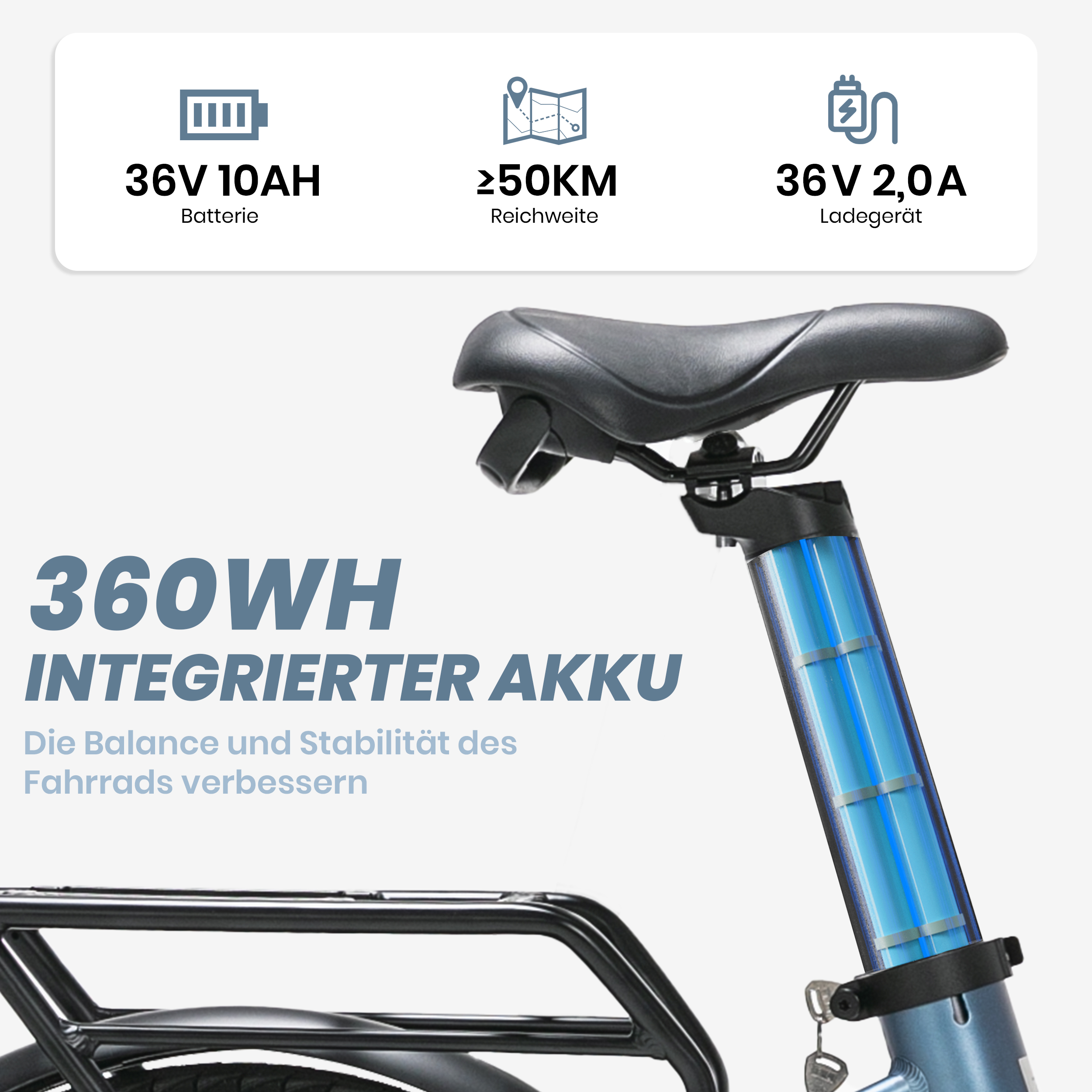 Nahaufnahme des E-Bike-Akkus und Sitzbereichs. Der Akku ist blau. Es gibt Text auf dem Bild.