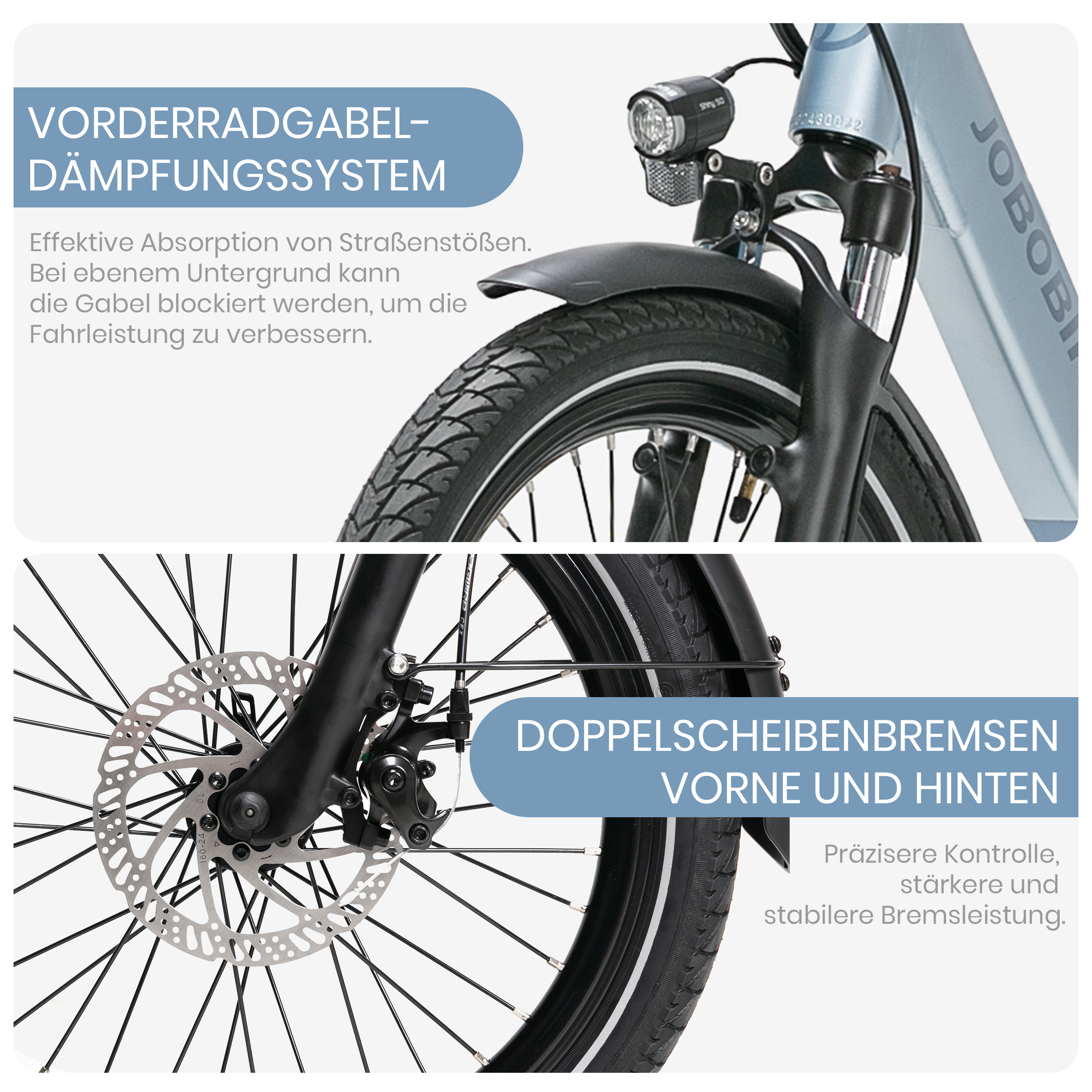 Nahaufnahme der E-Bike-Komponenten: Vorderradgabel, Scheibenbremse und Reifen. Das Fahrrad ist blau.