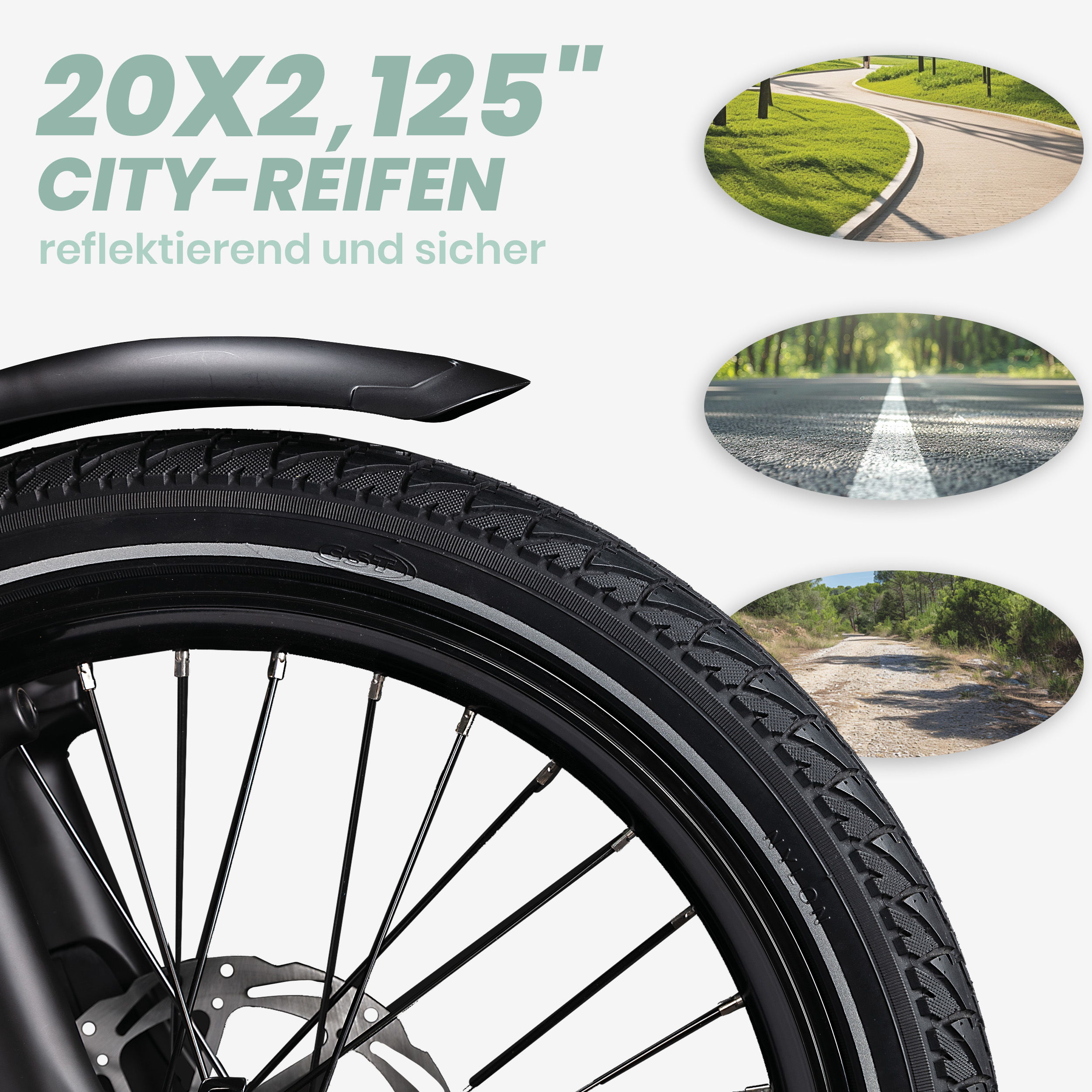 Nahaufnahme von Reifen und Felge des E-Bikes. Drei kleine Bilder von verschiedenen Pfaden im Hintergrund.