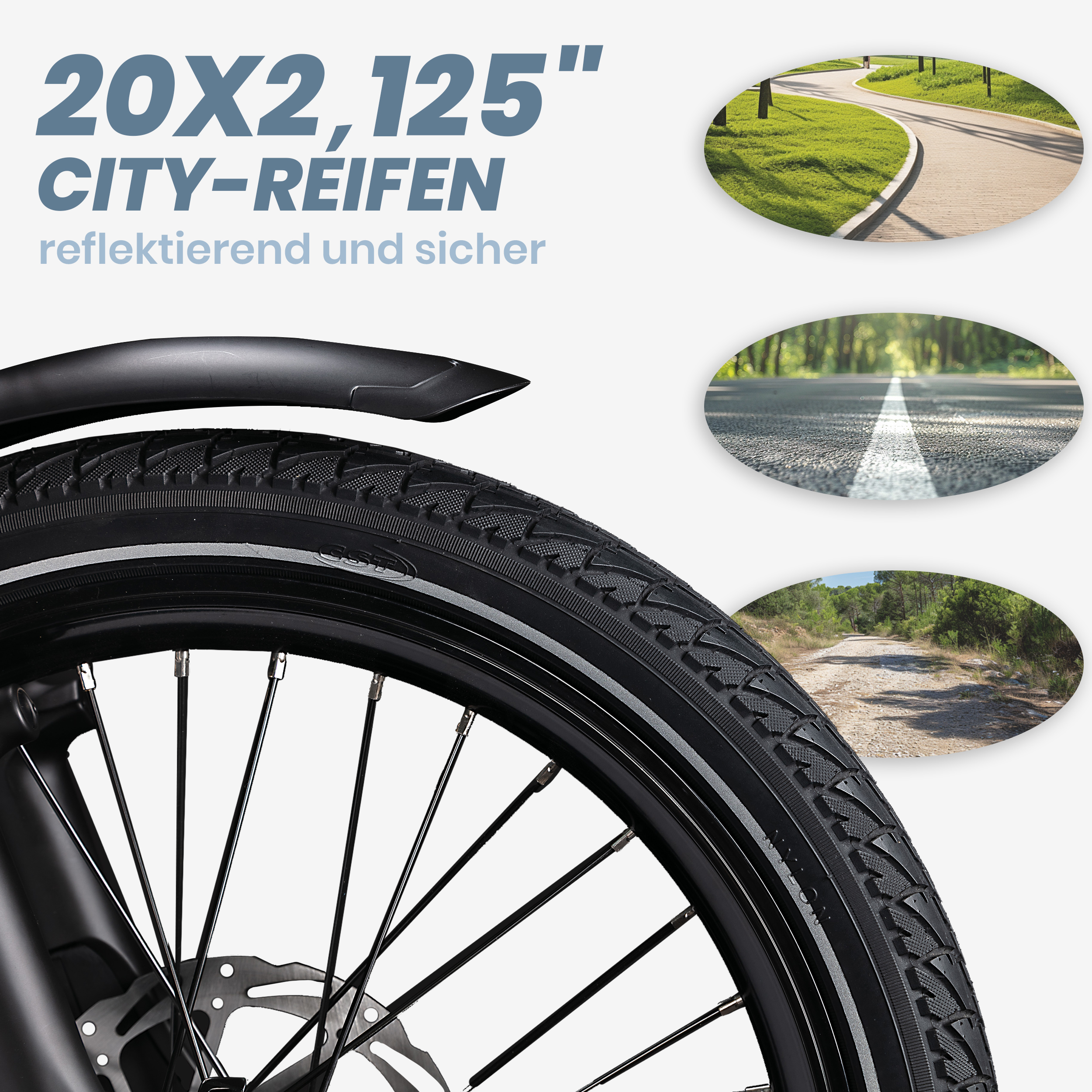 Nahaufnahme eines Fahrradreifens mit drei Einsetzbildern, die verschiedene Pfadtypen zeigen.