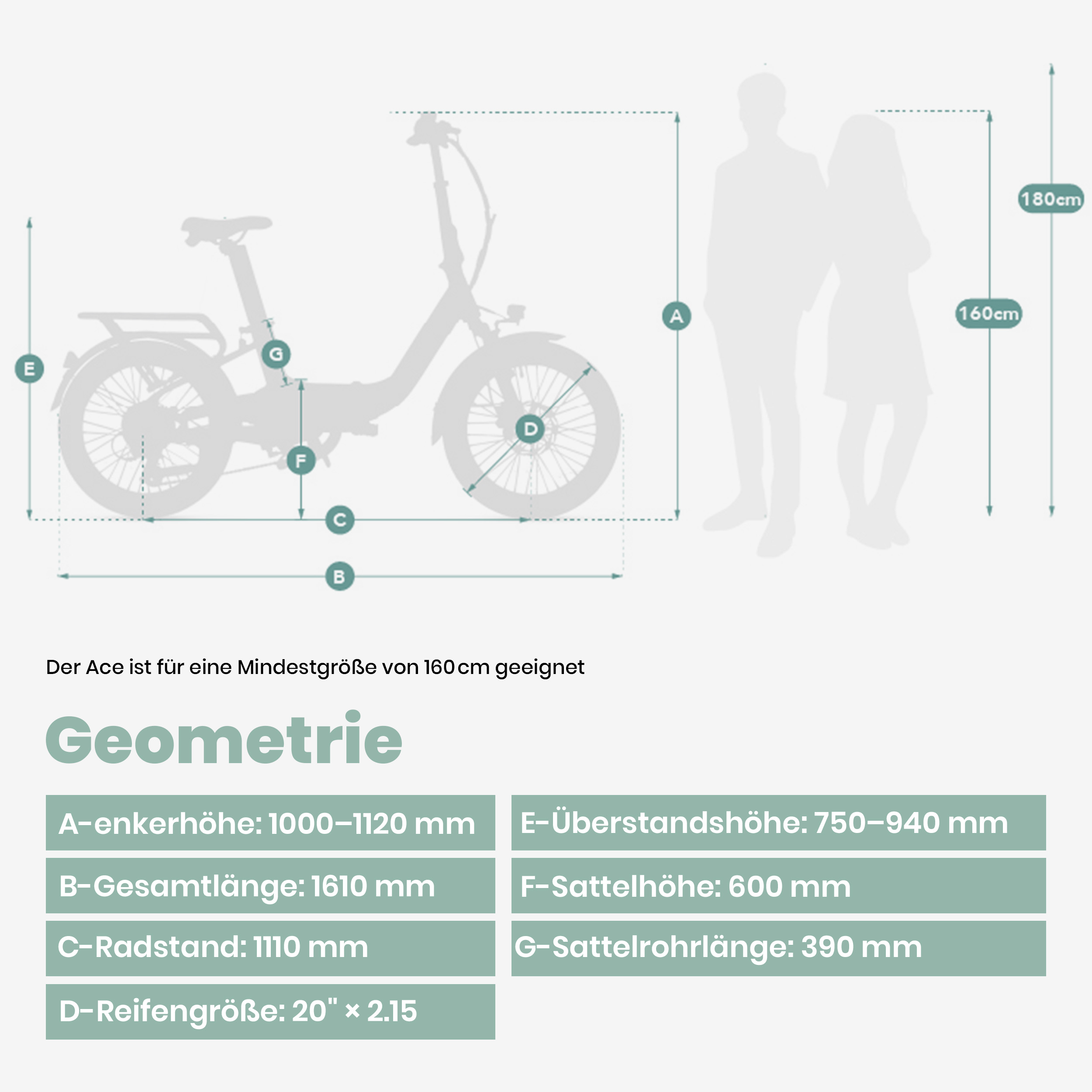 Diagramm eines faltbaren Fahrrads mit Abmessungen. Zwei Figuren stehen neben dem Fahrrad.