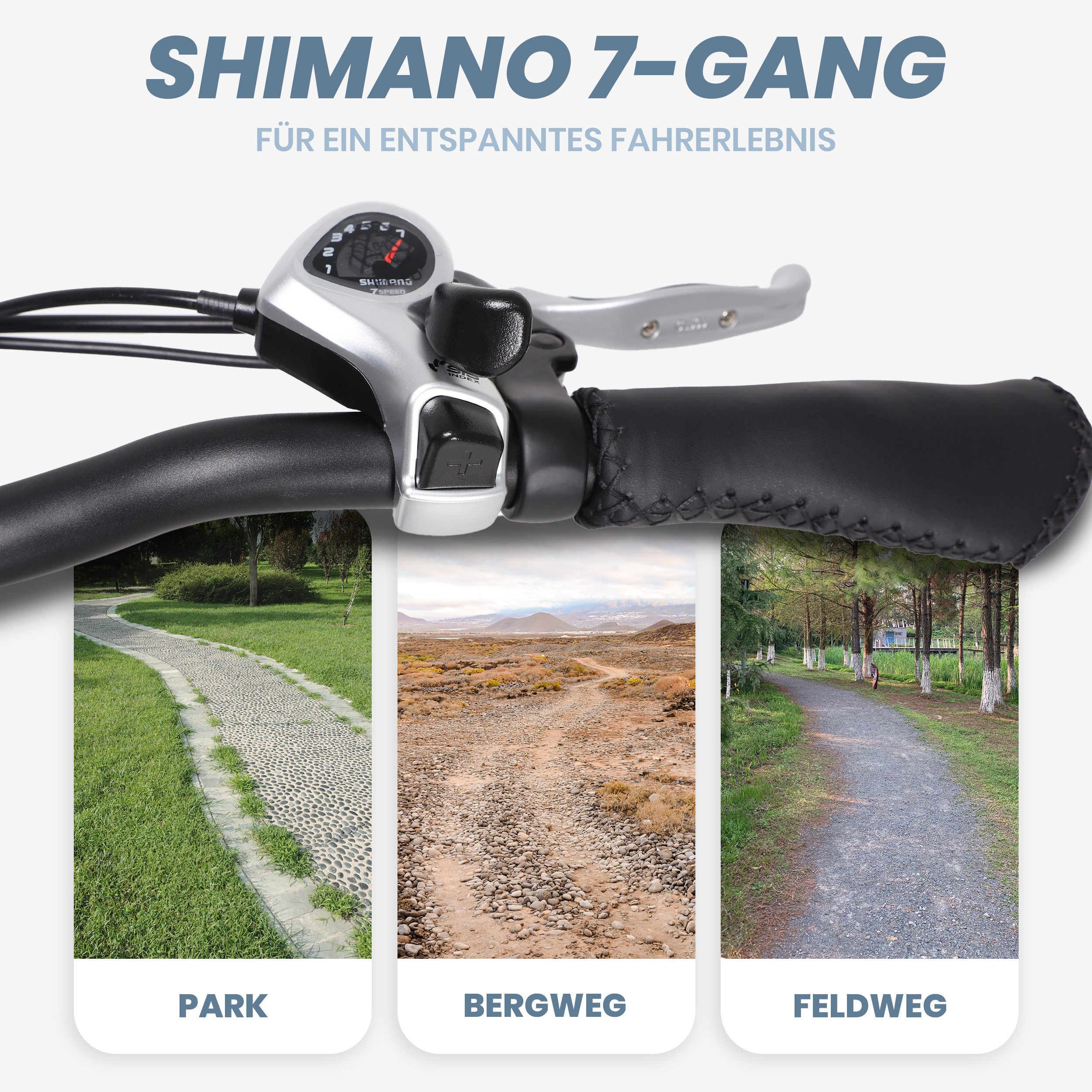 Nahaufnahme des Fahrradlenkers, der Geschwindigkeitsregelung und drei Einsetzbilder von Pfaden: Park, Bergweg und Feldweg.