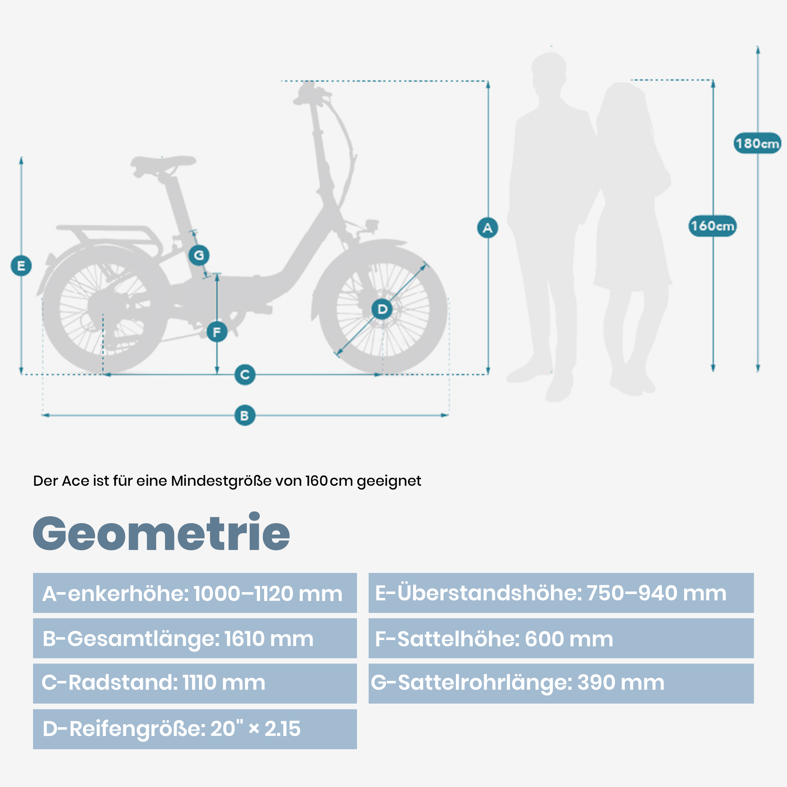 Diagramm eines faltbaren Fahrrads mit Abmessungen. Zwei Figuren stehen neben dem Fahrrad.