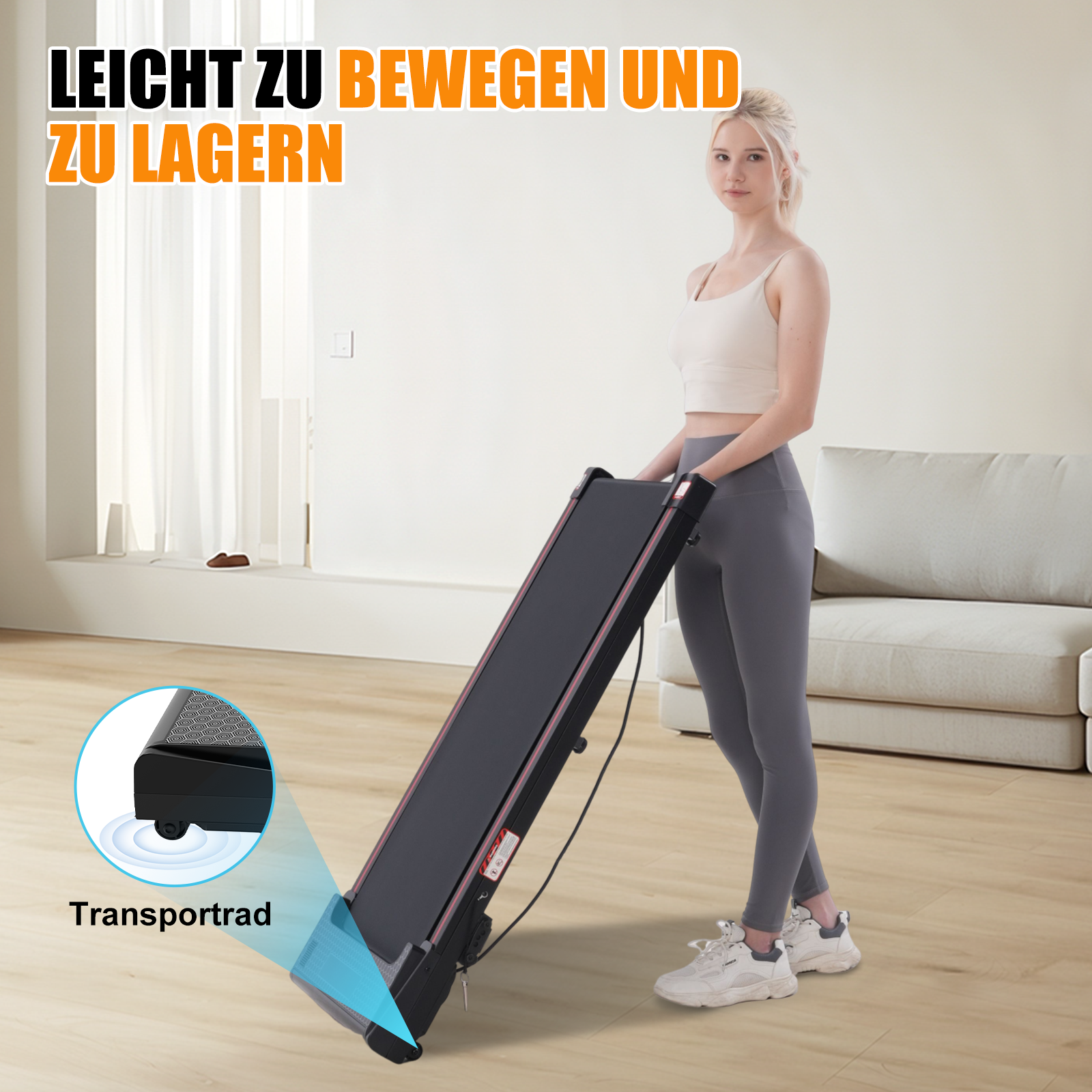 Eine Frau bewegt ein Laufband. Das Laufband ist schwarz und hat ein Transportrad.