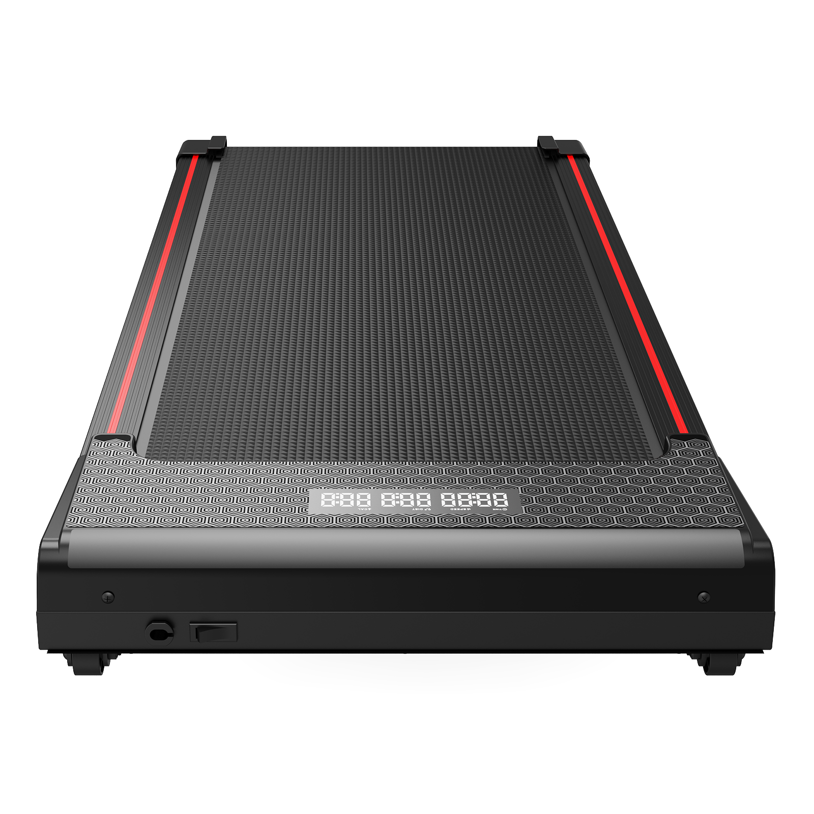 Treadmill, black with red accents, viewed from the front. The display panel is visible.