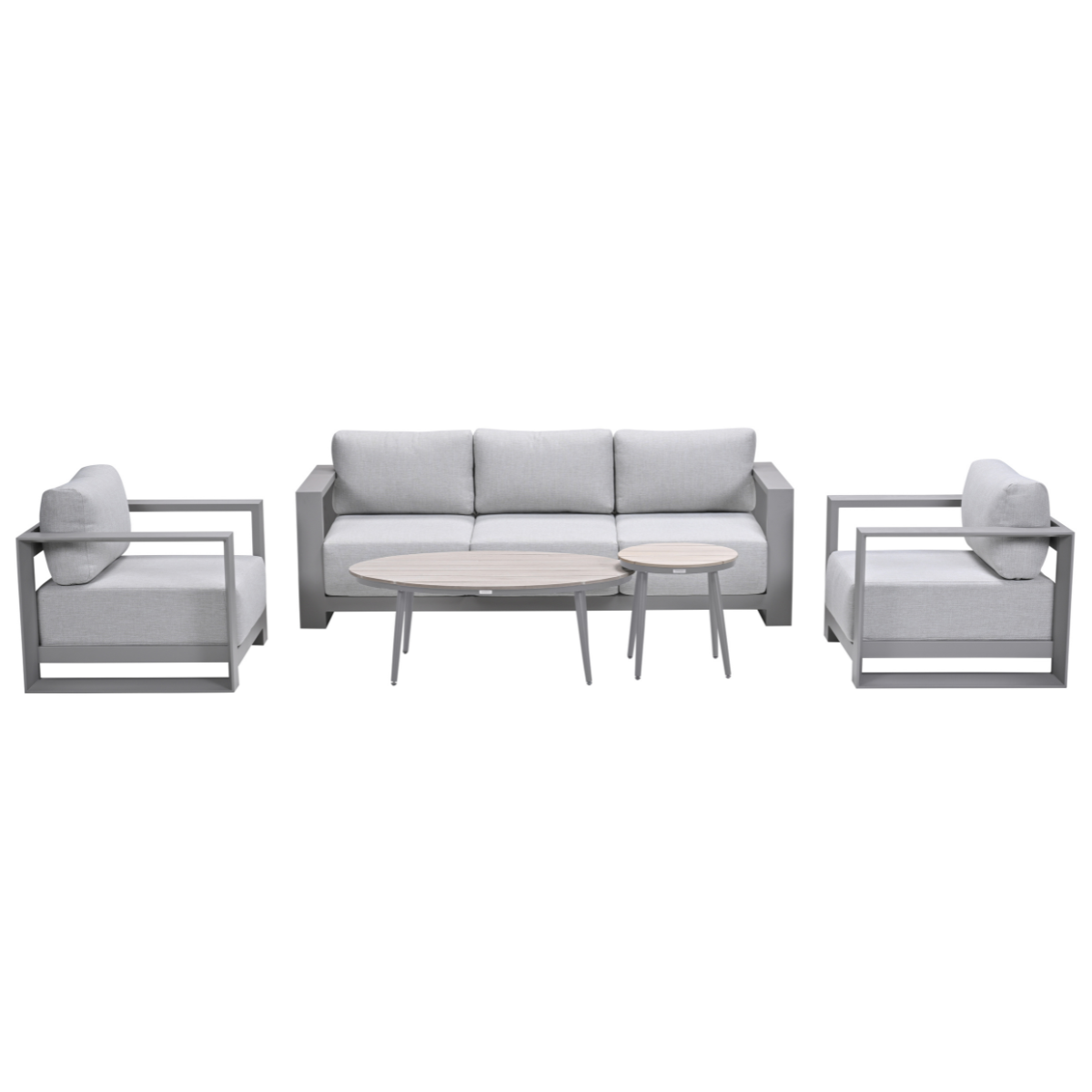 Outdoor furniture set. Grey sofa, two armchairs, and two small tables on white background.