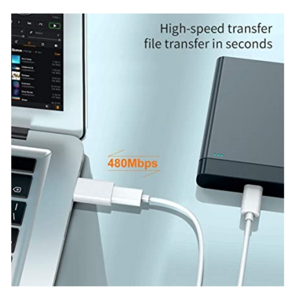 Una laptop conectada a un disco duro por cable blanco. El texto indica transferencia de alta velocidad a 480 Mbps.
