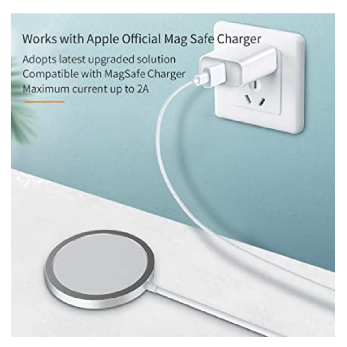 Un cargador blanco enchufado a una toma de corriente con un cable conectado a un cargador MagSafe. El texto indica compatibilidad.