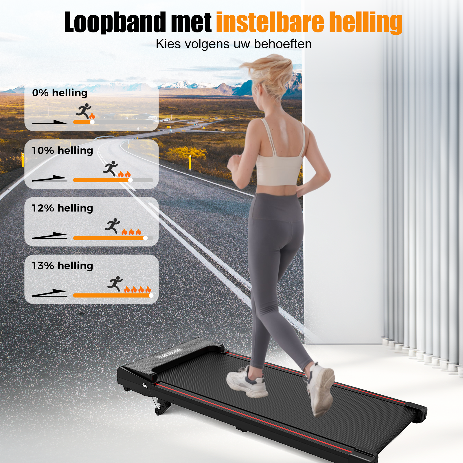 Woman walking on a treadmill with features icons.