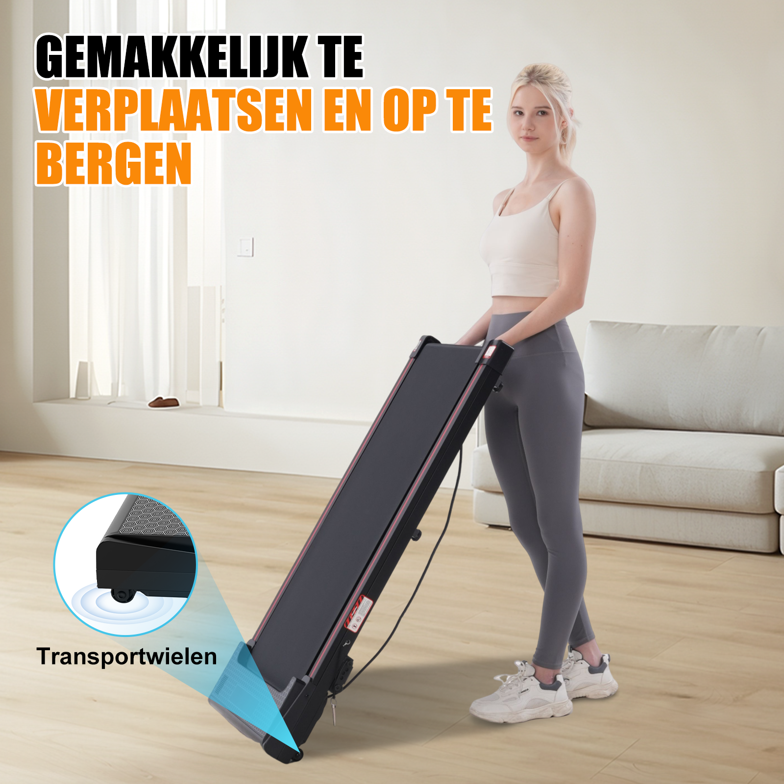 Woman using a black treadmill with a woman in the background.