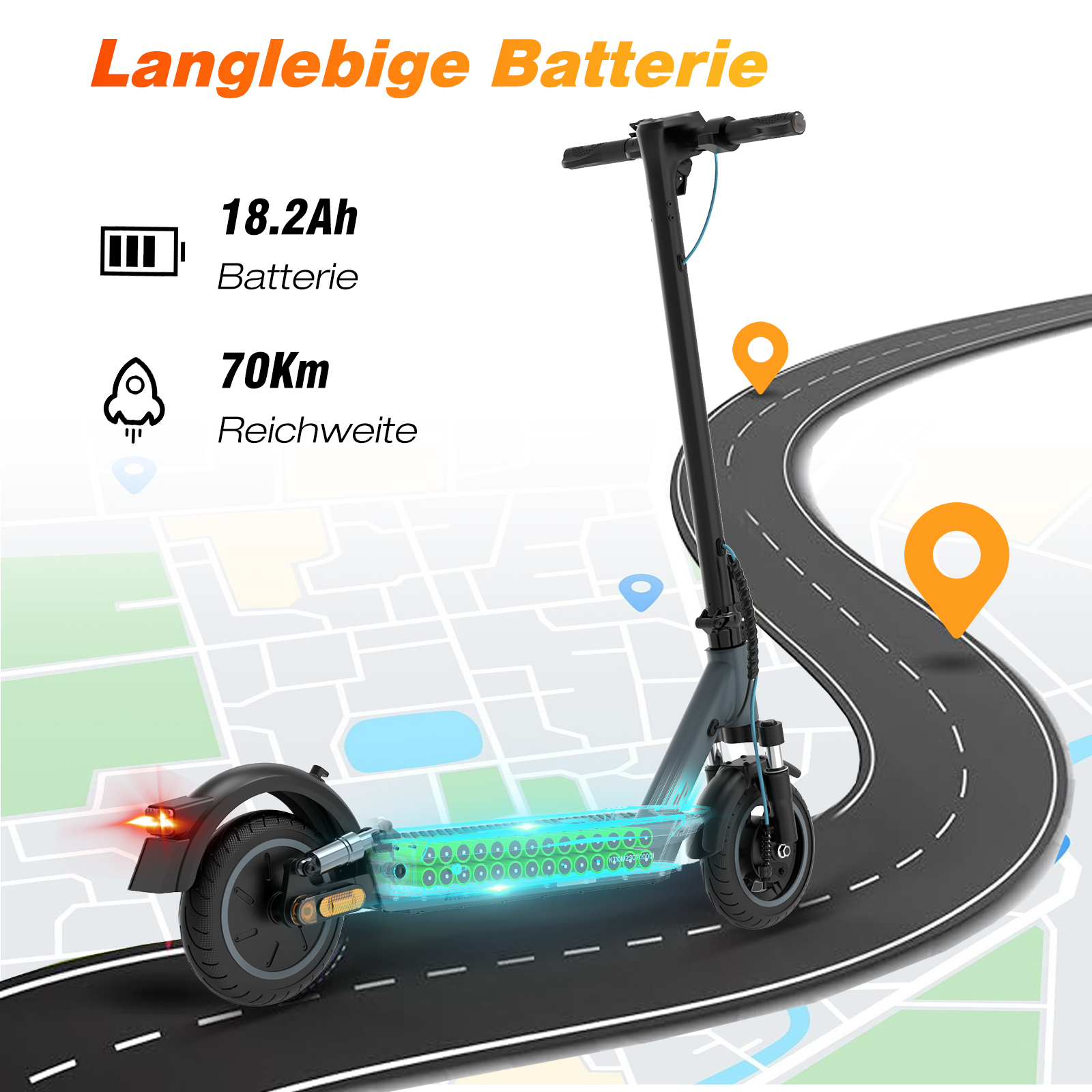 Un monopattino elettrico con telaio nero e dettagli arancioni è su una mappa stradale. Il monopattino ha una batteria e un'autonomia di 70 km.