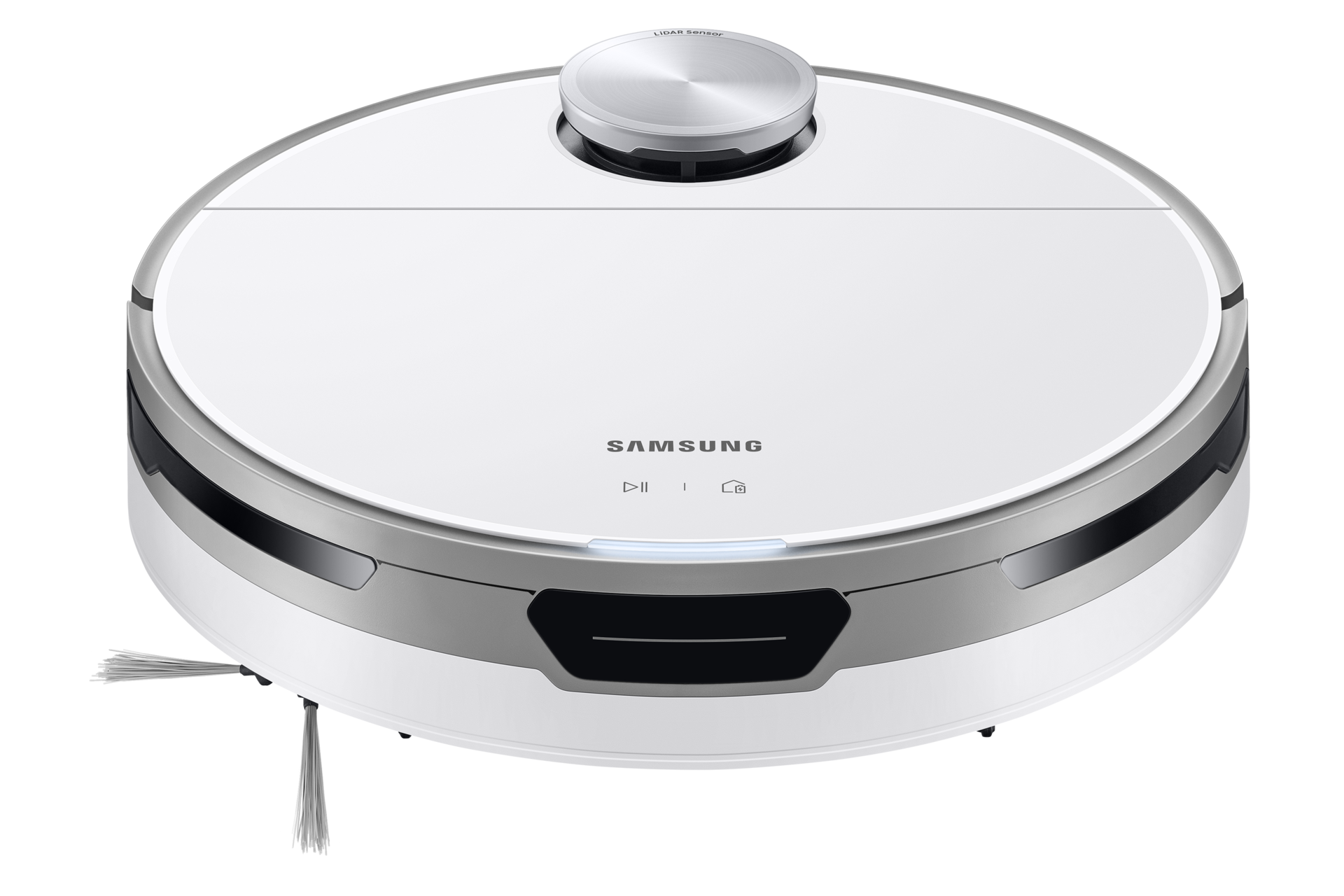 Biały robot odkurzający ze srebrną górą.