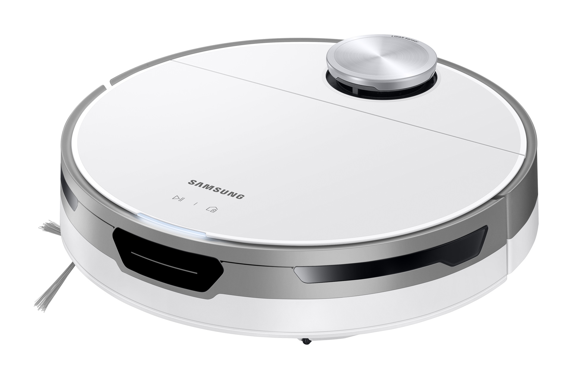 Biały robot odkurzający ze srebrną górą.