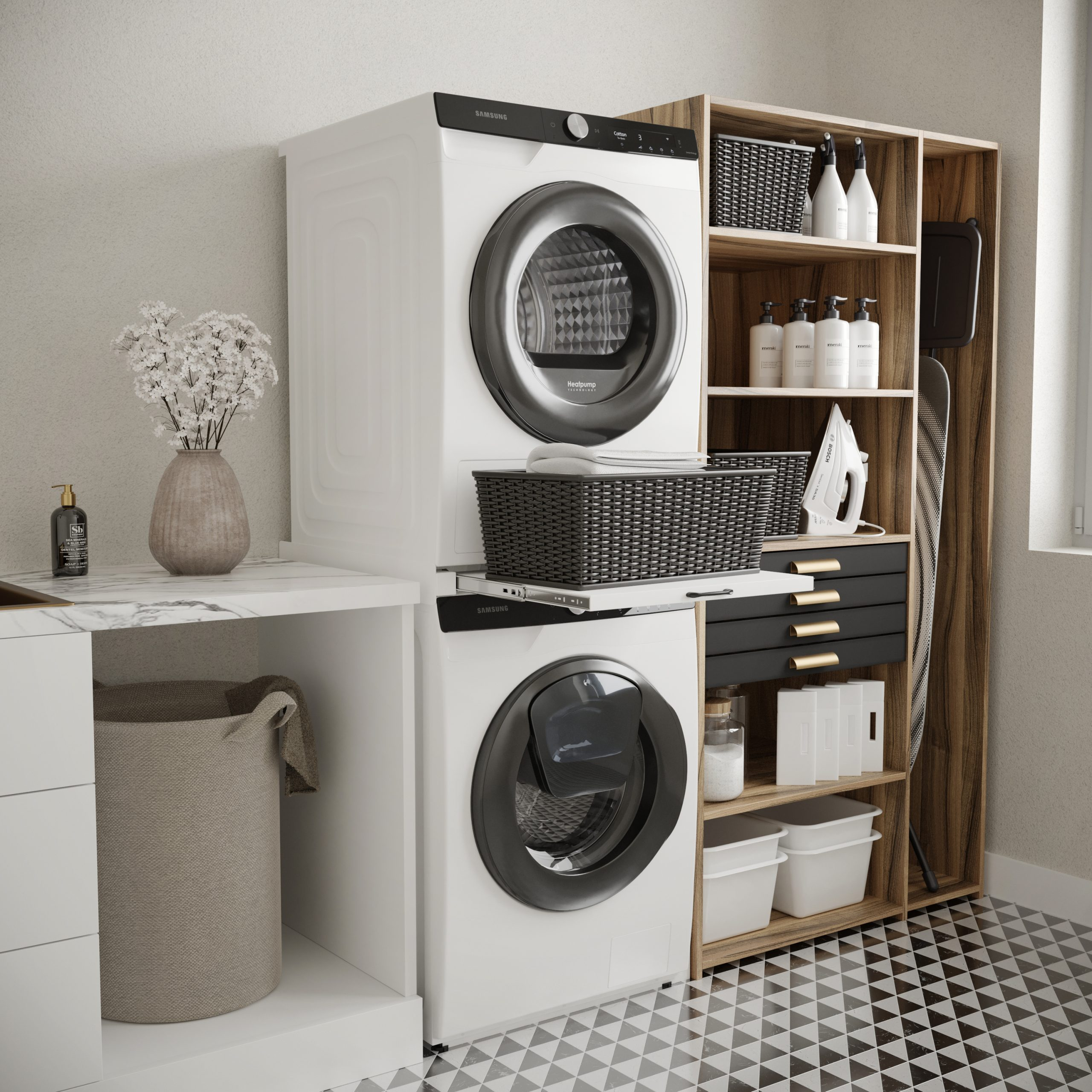 Laundry room with white machines, a wooden shelf, and decor.