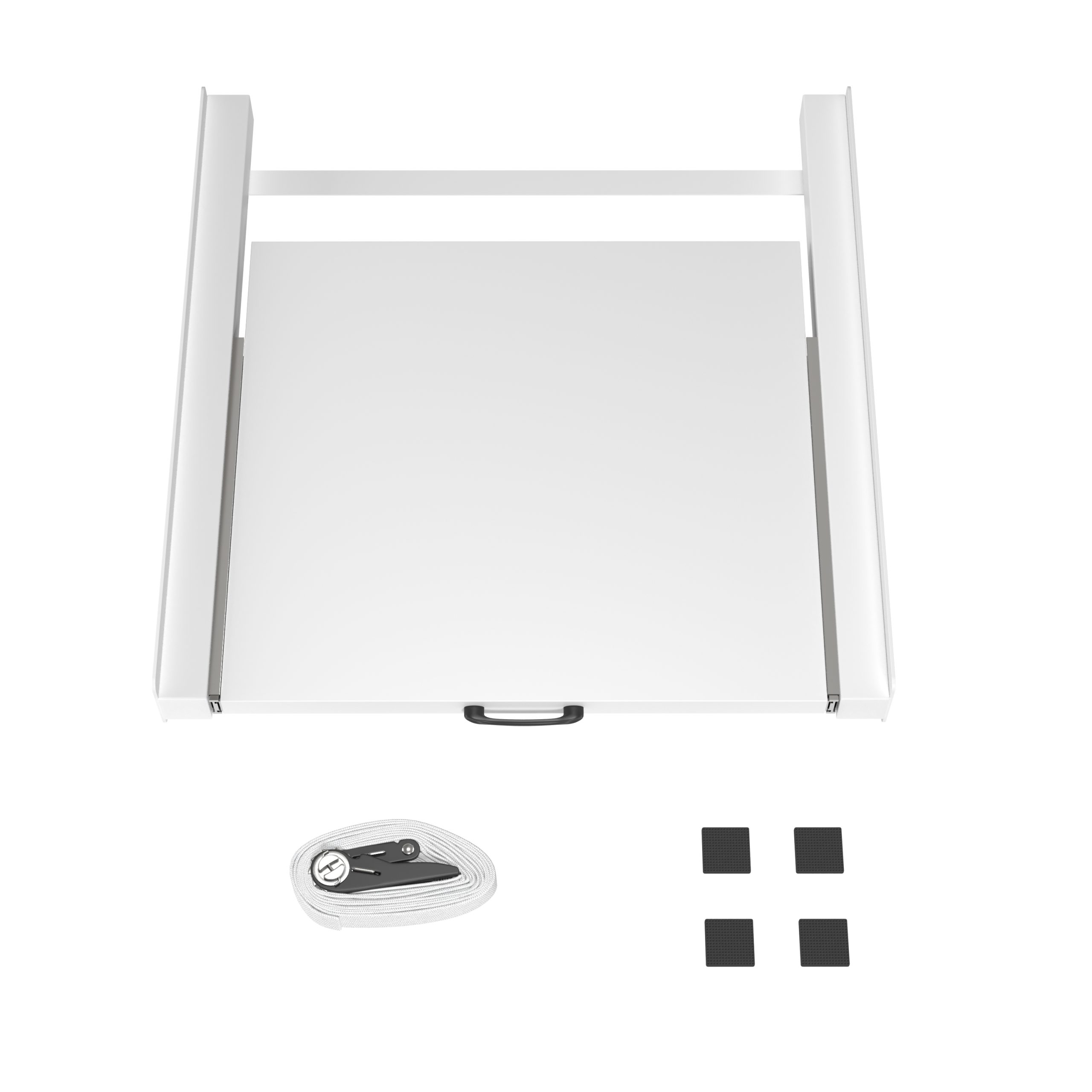 White shelf with a handle, and rubber feet and a strap.