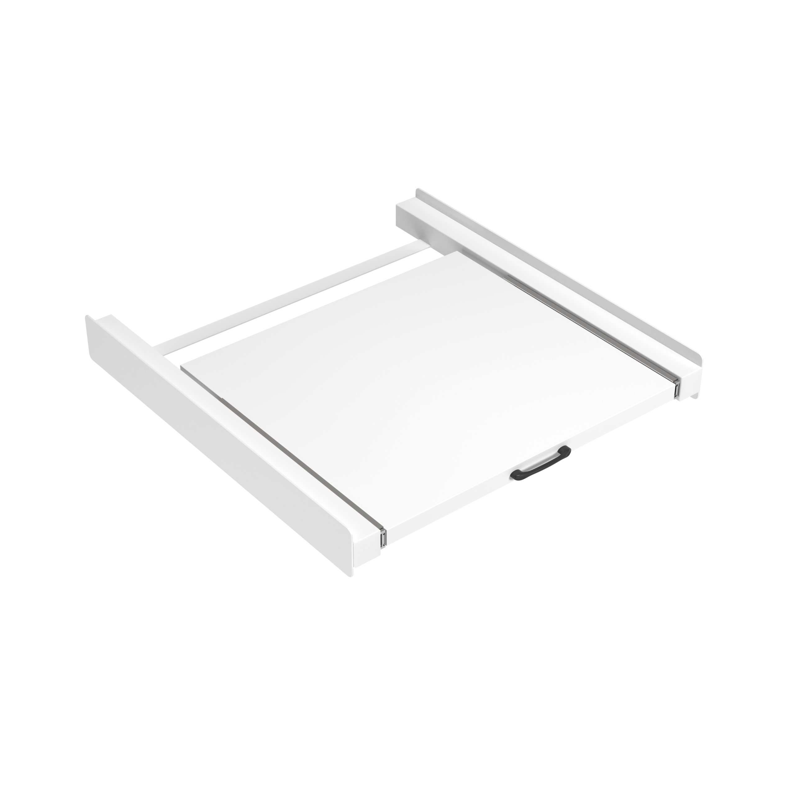A white pull-out shelf with a handle.