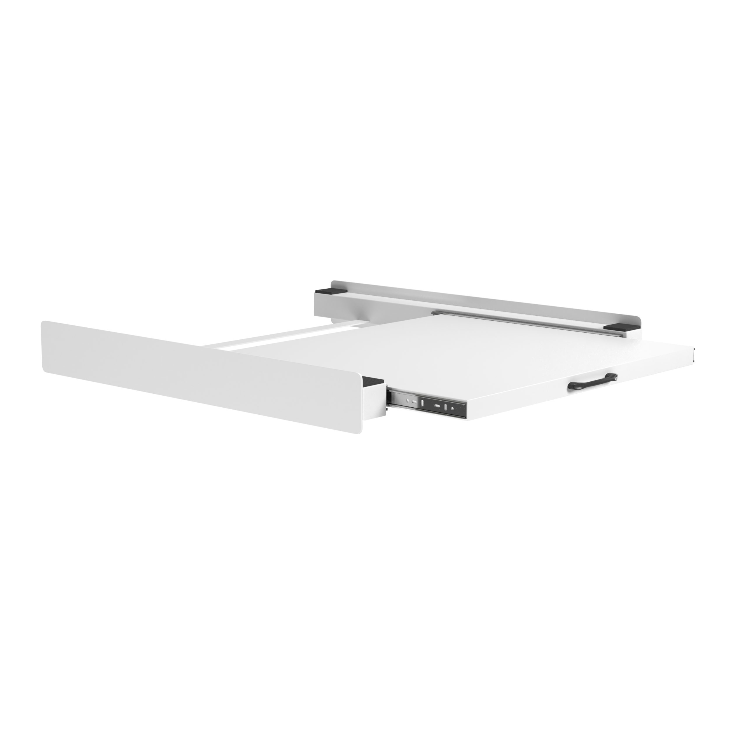 White pull-out shelf, extended. The rails and handle are visible.