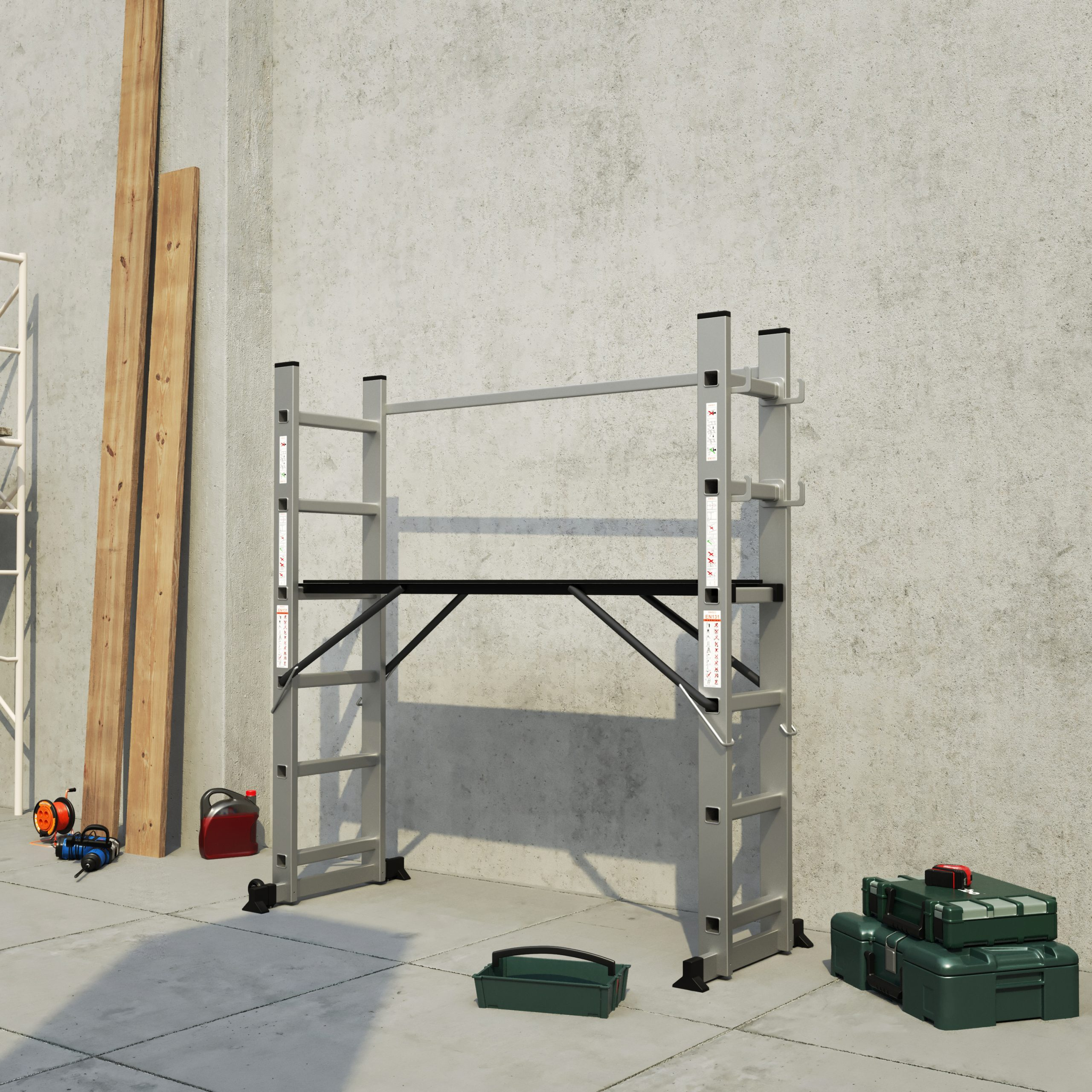 A metal scaffold set up indoors. The setting includes a concrete wall, and tools are scattered around.