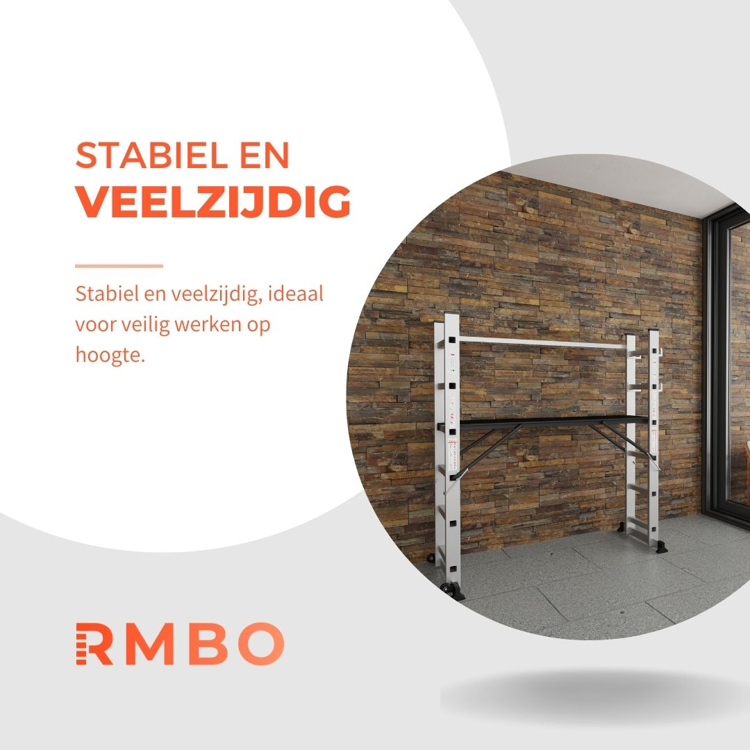 A promotional image of a scaffold, with text in Dutch. The scaffold is in front of a brick wall.