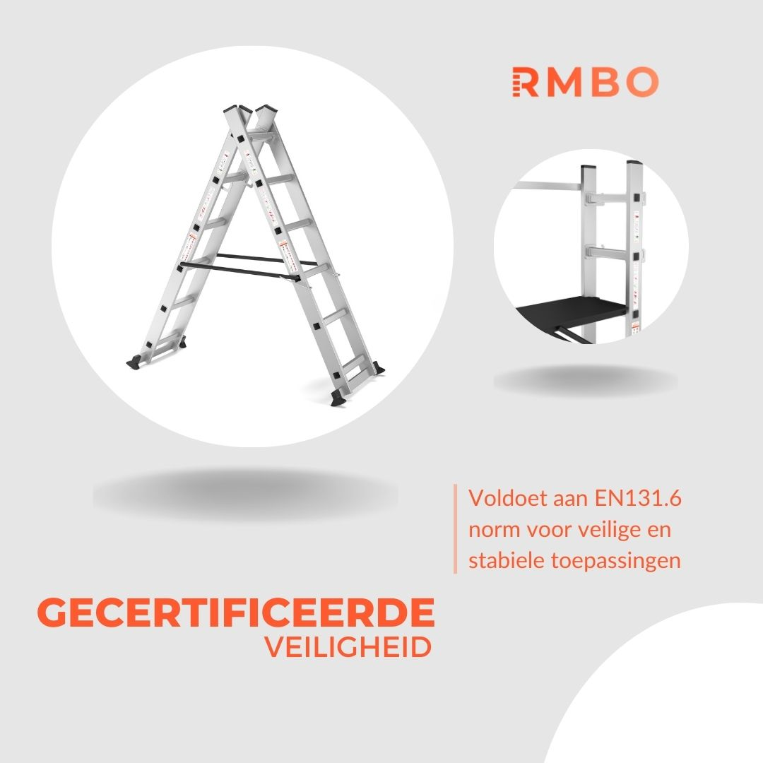 A silver ladder is displayed in a white circle. Text on the right says 'RMBO'. Below, 'CERTIFIED SAFETY'.
