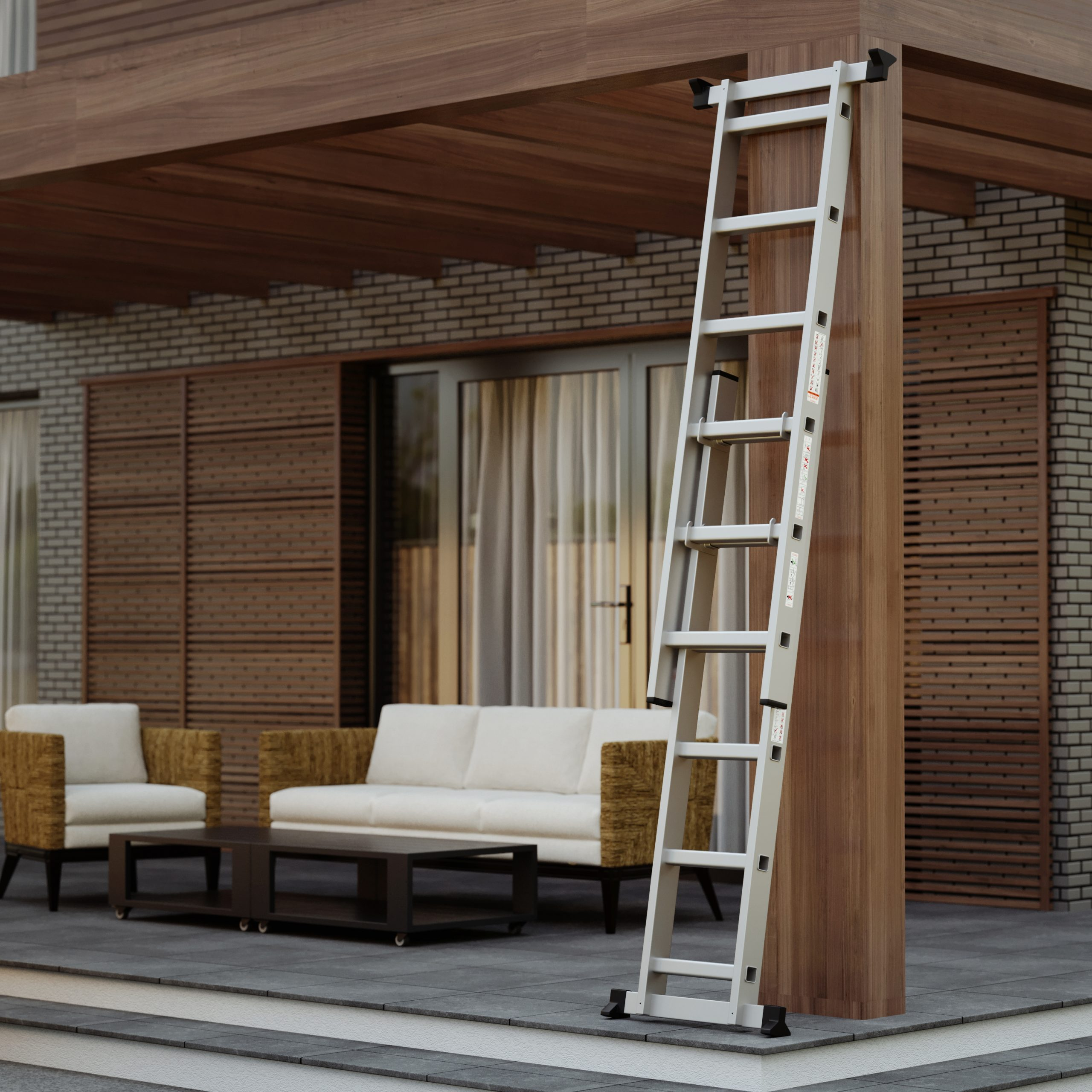 A ladder leaning against a wooden post. The background shows an outdoor seating area with a sofa.