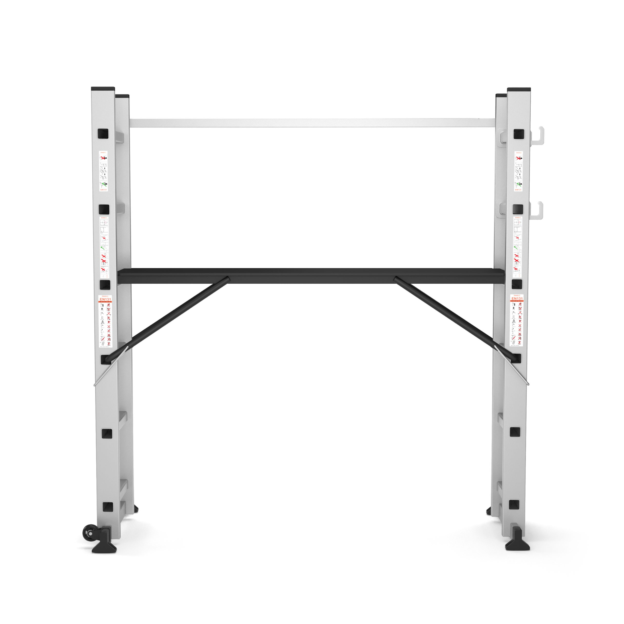 A silver and black metal frame with a black shelf, and two ladders. White background.