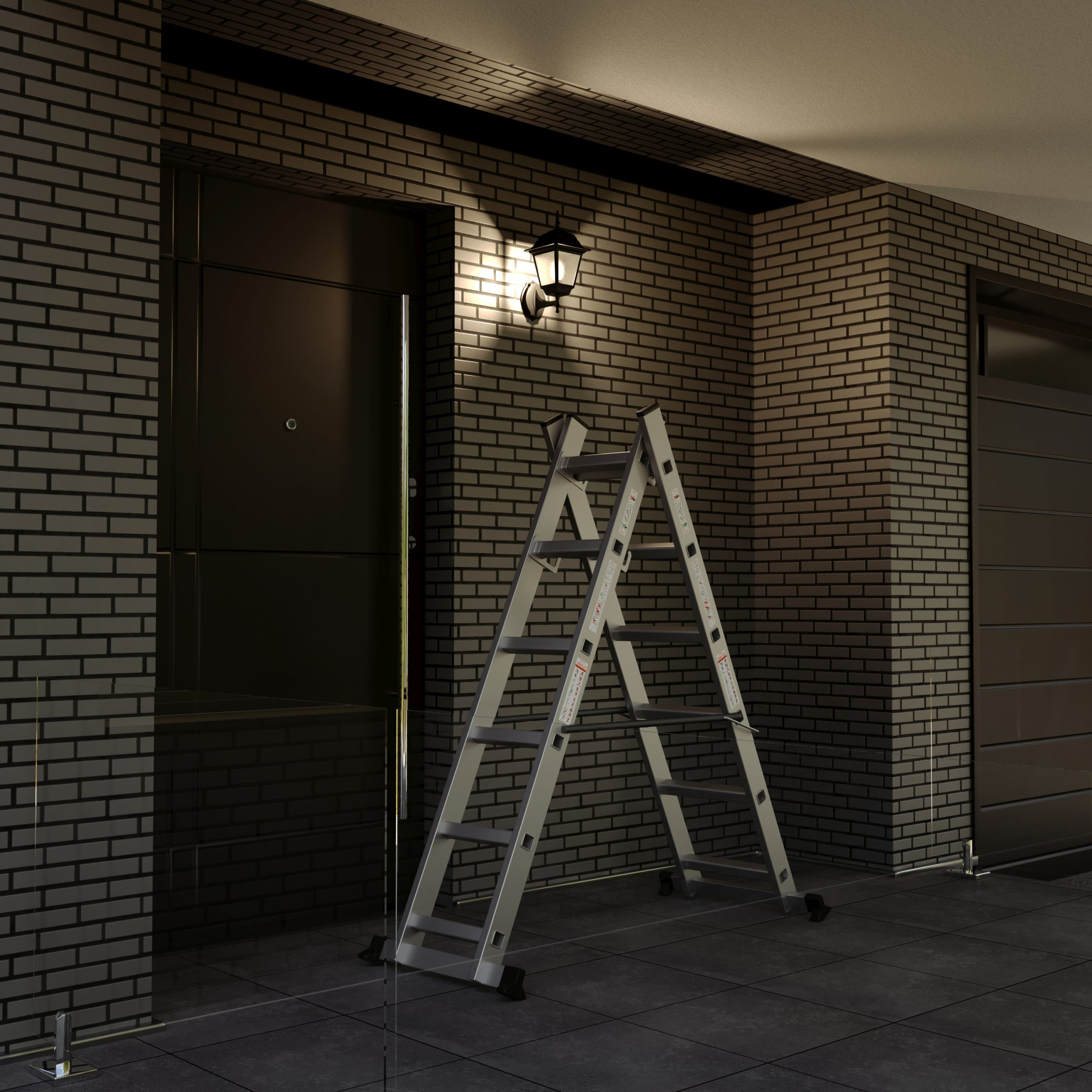 A-frame ladder with a streetlight and a black door on a brick wall.