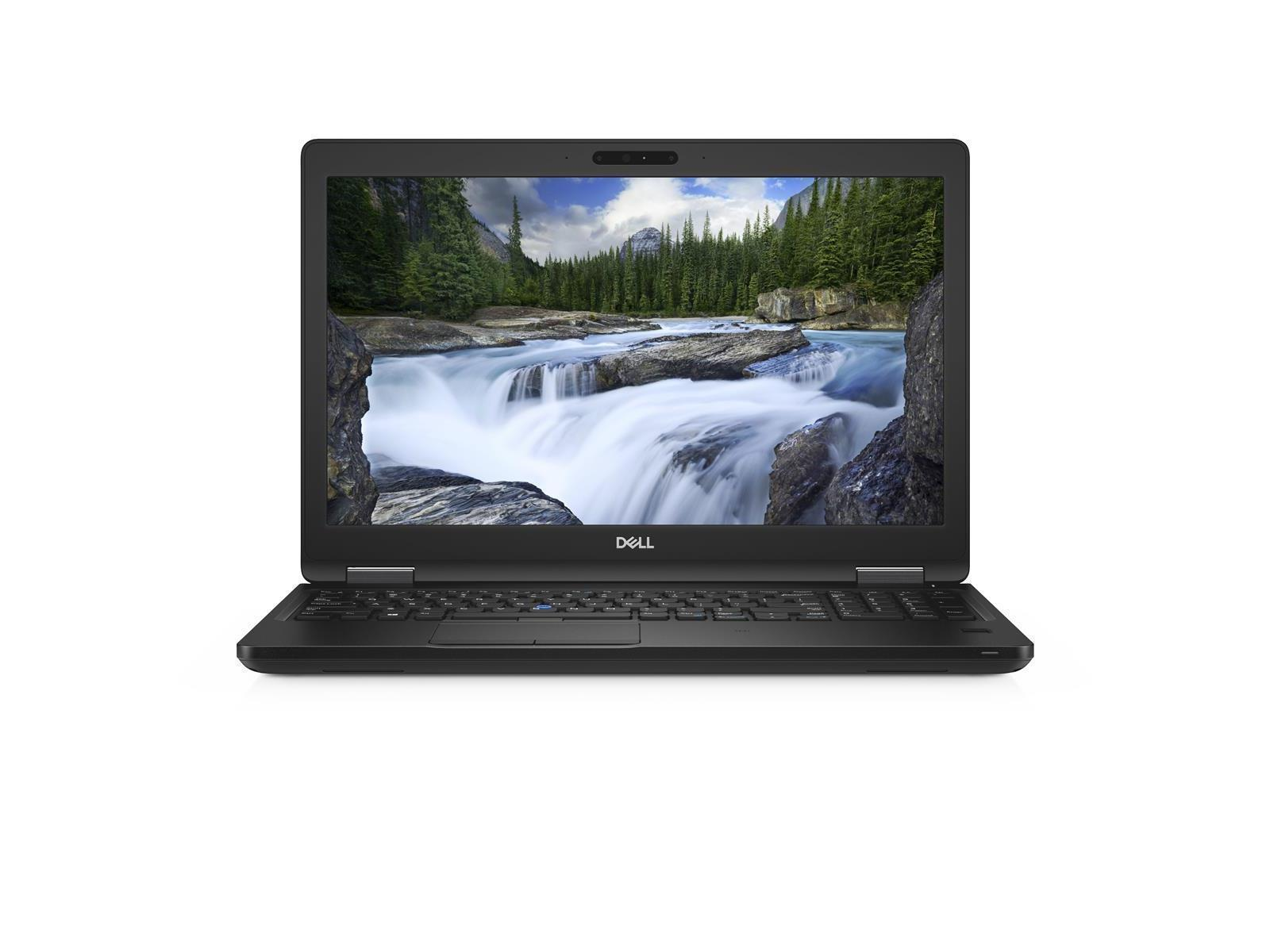 Ein schwarzer Dell-Laptop ist geöffnet und zeigt eine Wasserfallszene auf dem Bildschirm, auf weißem Hintergrund.