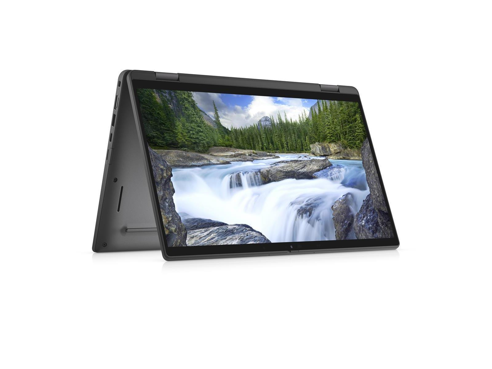 Ein schwarzer Dell-Laptop, geöffnet, der Bildschirm zeigt eine Wasserfallszene, ist auf weißem Hintergrund abgewinkelt.
