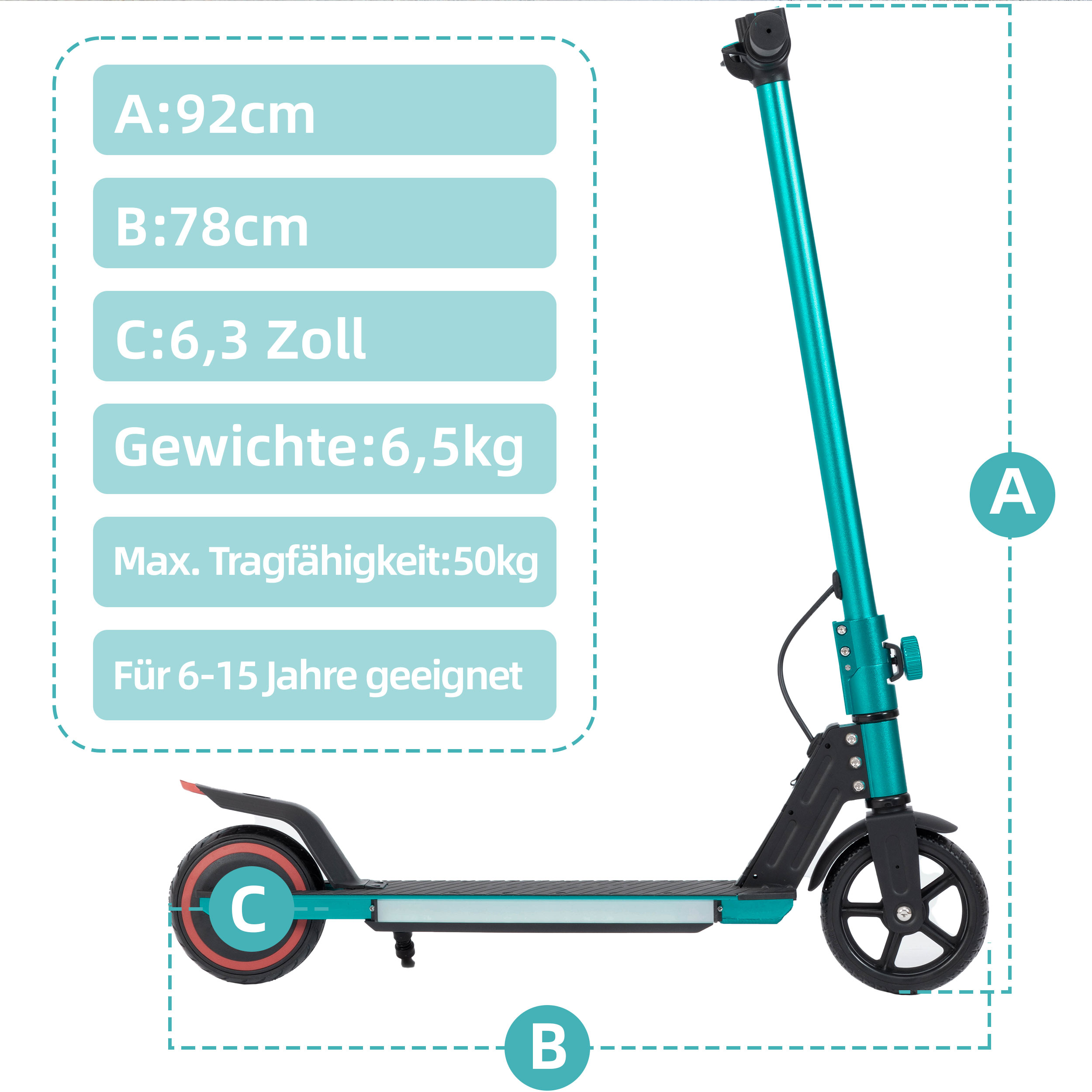Ein türkisfarbener Roller mit Maßangaben. Der Roller befindet sich auf weißem Hintergrund. Deutscher Text ist vorhanden.