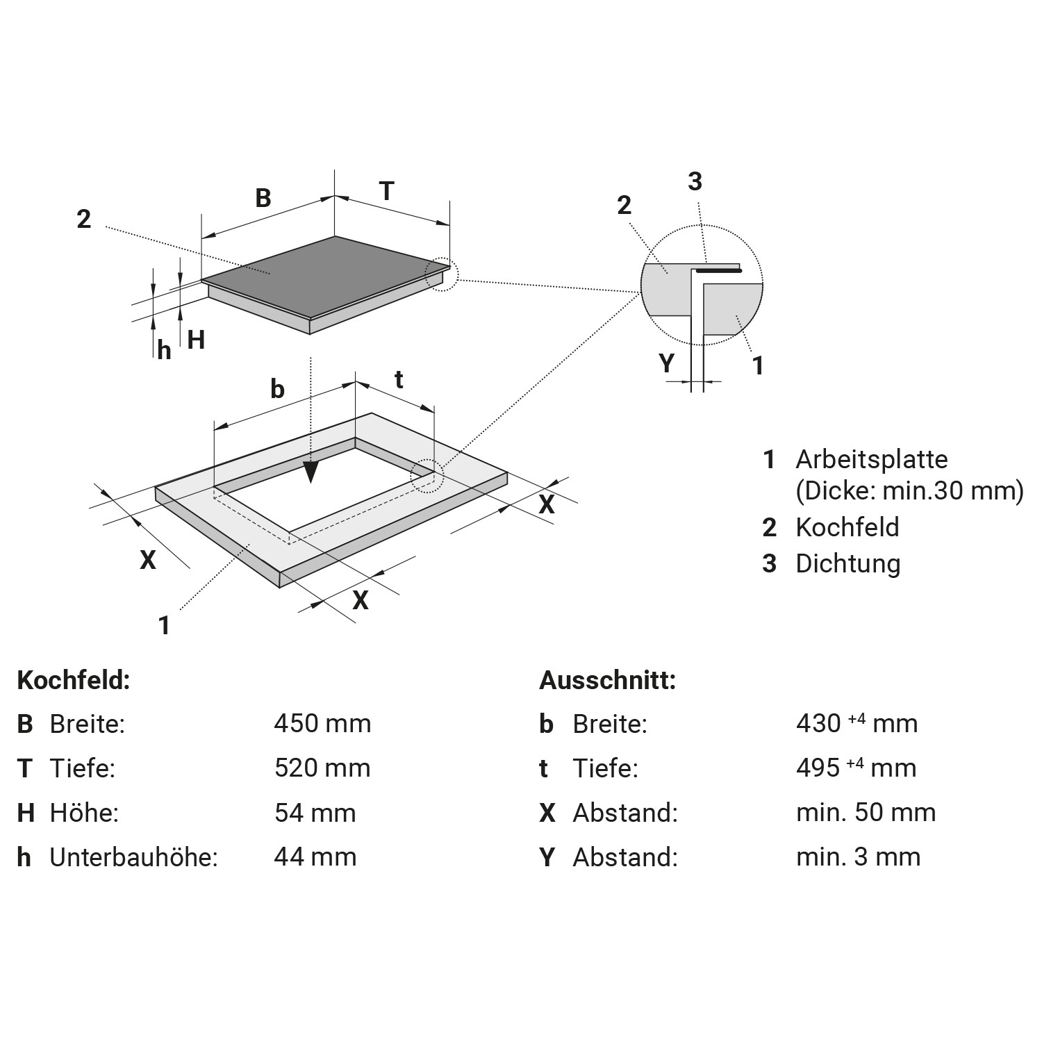 Un disegno tecnico di un piano cottura con dimensioni ed etichette in tedesco, che mostra il piano cottura e le sue parti.