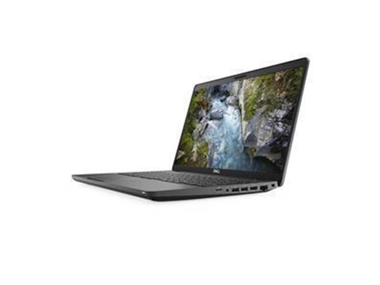 Ein schwarzer Laptop, geschlossen und abgewinkelt, zeigt eine Wasserfallszene. Der Hintergrund ist weiß.