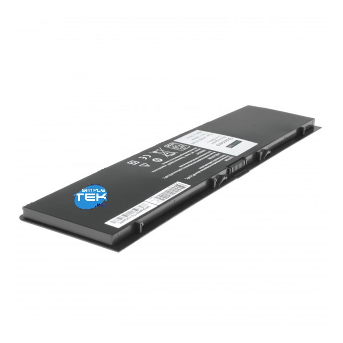 Czarna bateria do laptopa z tekstem i etykietami na białej powierzchni. Jest skierowana pod kątem w stronę kamery. Marka to 'Simple Tek'.
