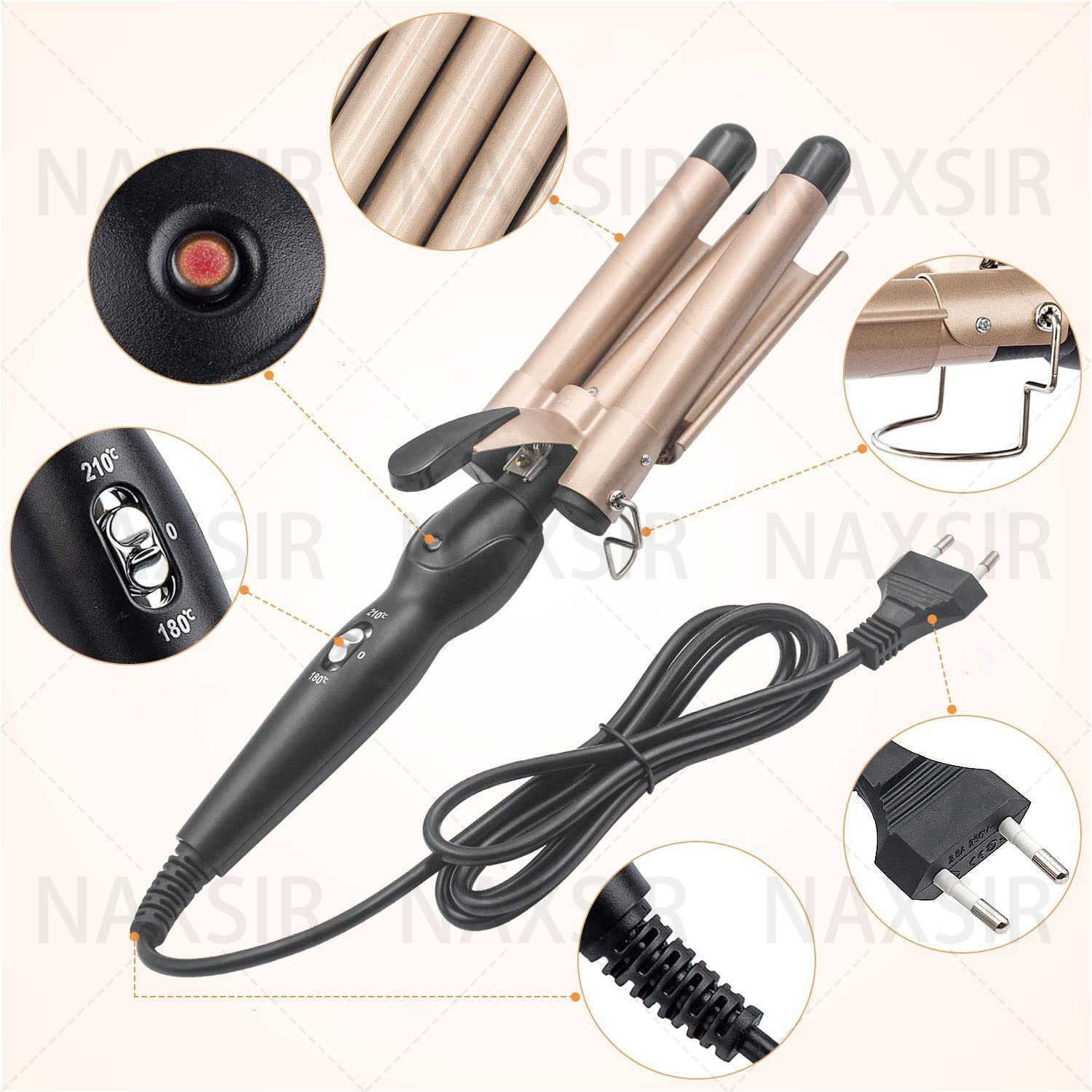 Ein Haar-Crimper mit drei Läufen, schwarzem Griff und Netzkabel. Nahaufnahmen zeigen Details.