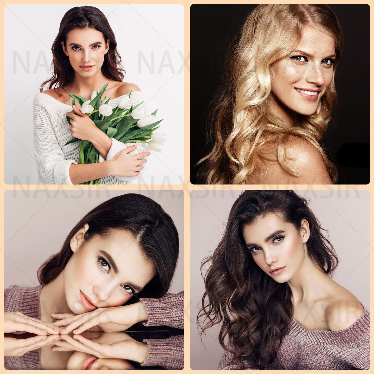 Vier Porträts von Frauen mit verschiedenen Frisuren und Aussehen.