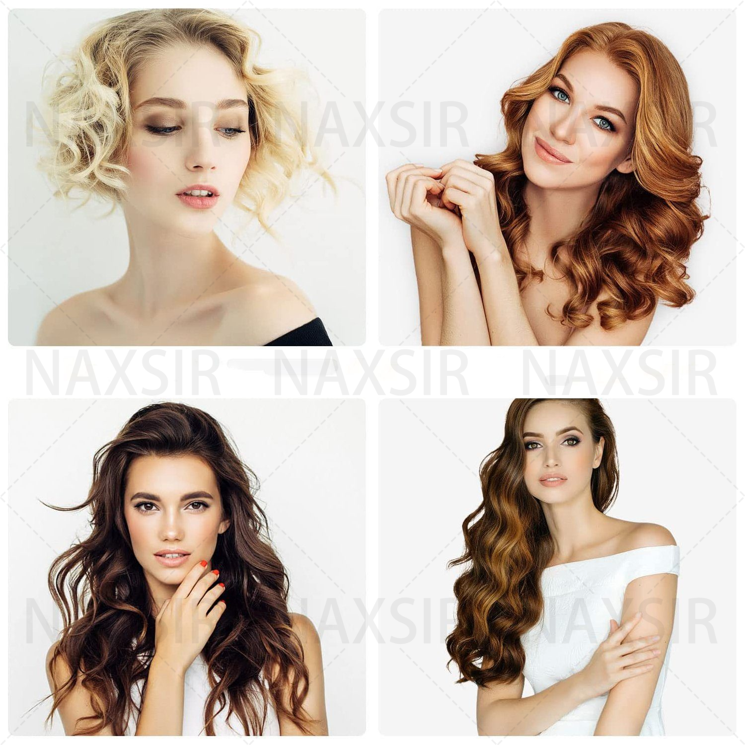 Vier Porträts von Frauen mit unterschiedlichen Frisuren und Aussehen.