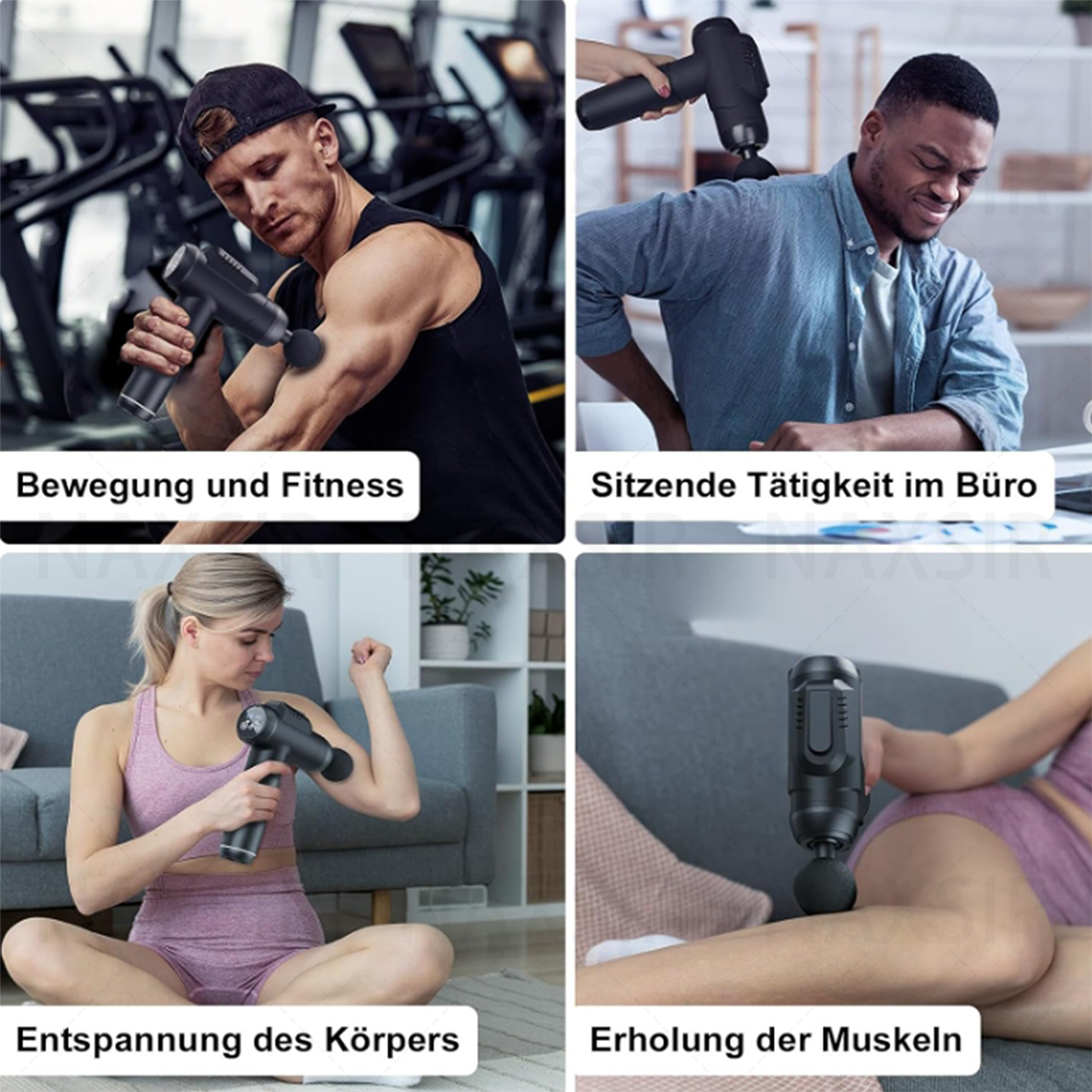 Vier Bilder von Personen, die Massagepistolen verwenden. Szenen umfassen Bewegung, Büroarbeit und Muskelregeneration.