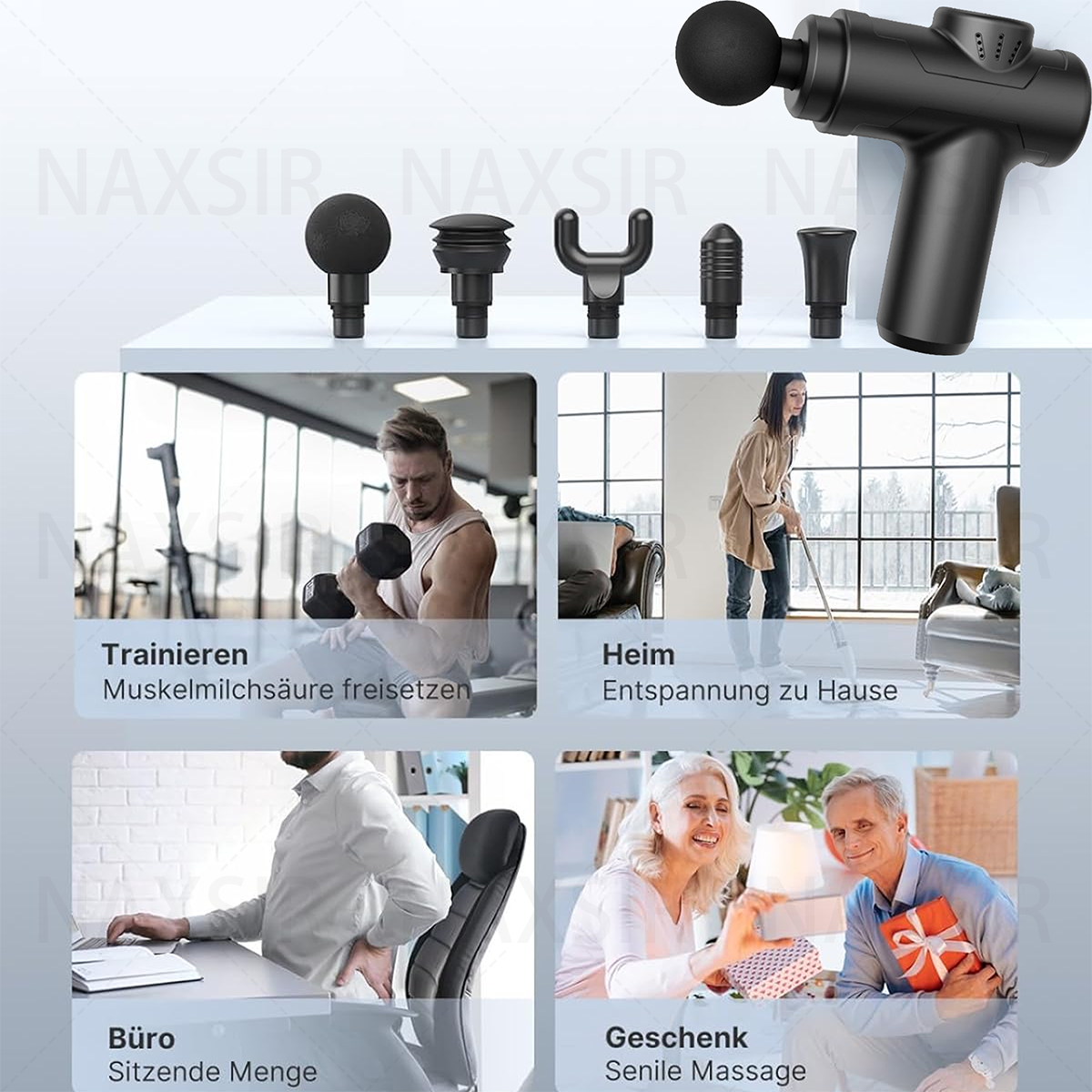 Eine schwarze Massagepistole mit mehreren Aufsätzen und vier Bildern mit Anwendungen.