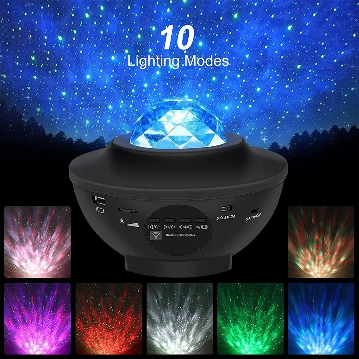 Ein schwarzer Projektor mit blauem Lichteffekt und verschiedenen Lichtmodi darunter.