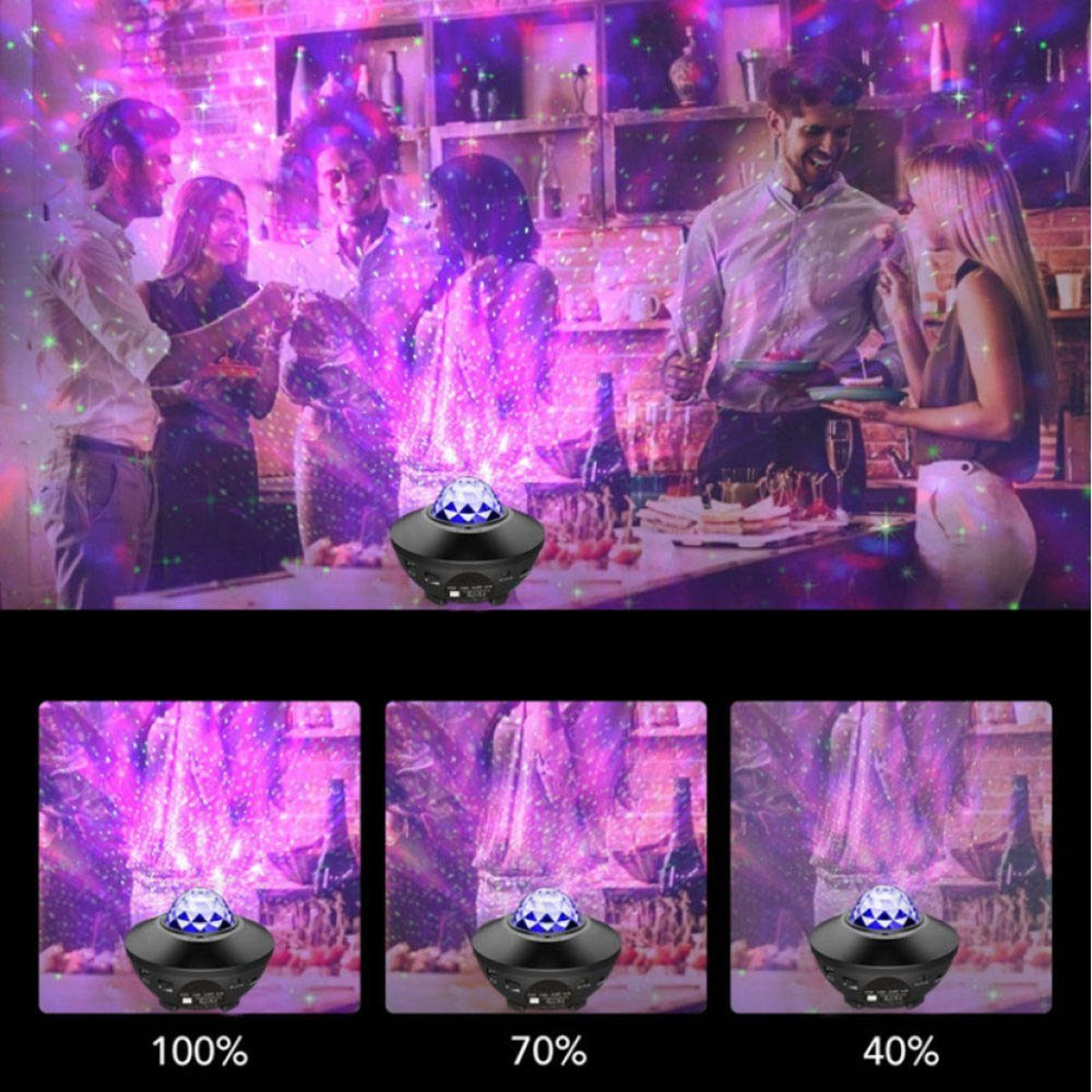 Menschen auf einer Party mit einem Galaxy-Projektor, der den Raum beleuchtet. Drei Bilder zeigen unterschiedliche Lichtintensität.