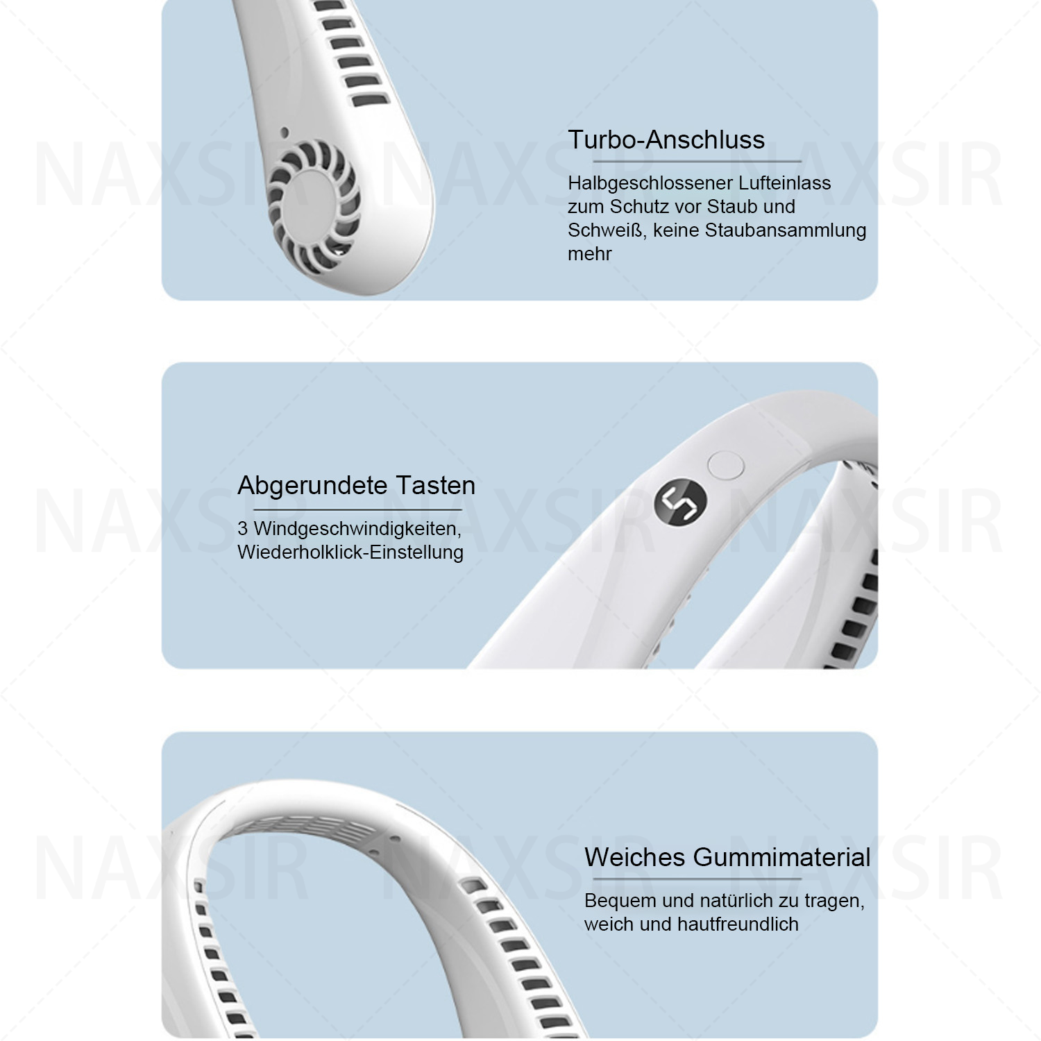 Nahaufnahmen eines weißen Nackenventilators und seiner Funktionen wie Knöpfe und Luftschlitze.